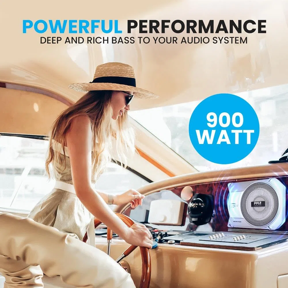 Pyle 10-calowy niskoprofilowy wzmacniany system subwoofera - 900 W Kompaktowy, zamknięty aktywny morski subwoofer samochodowy z wbudowanym wzmacniaczem, zasilany subwoofer samochodowy z wejściami