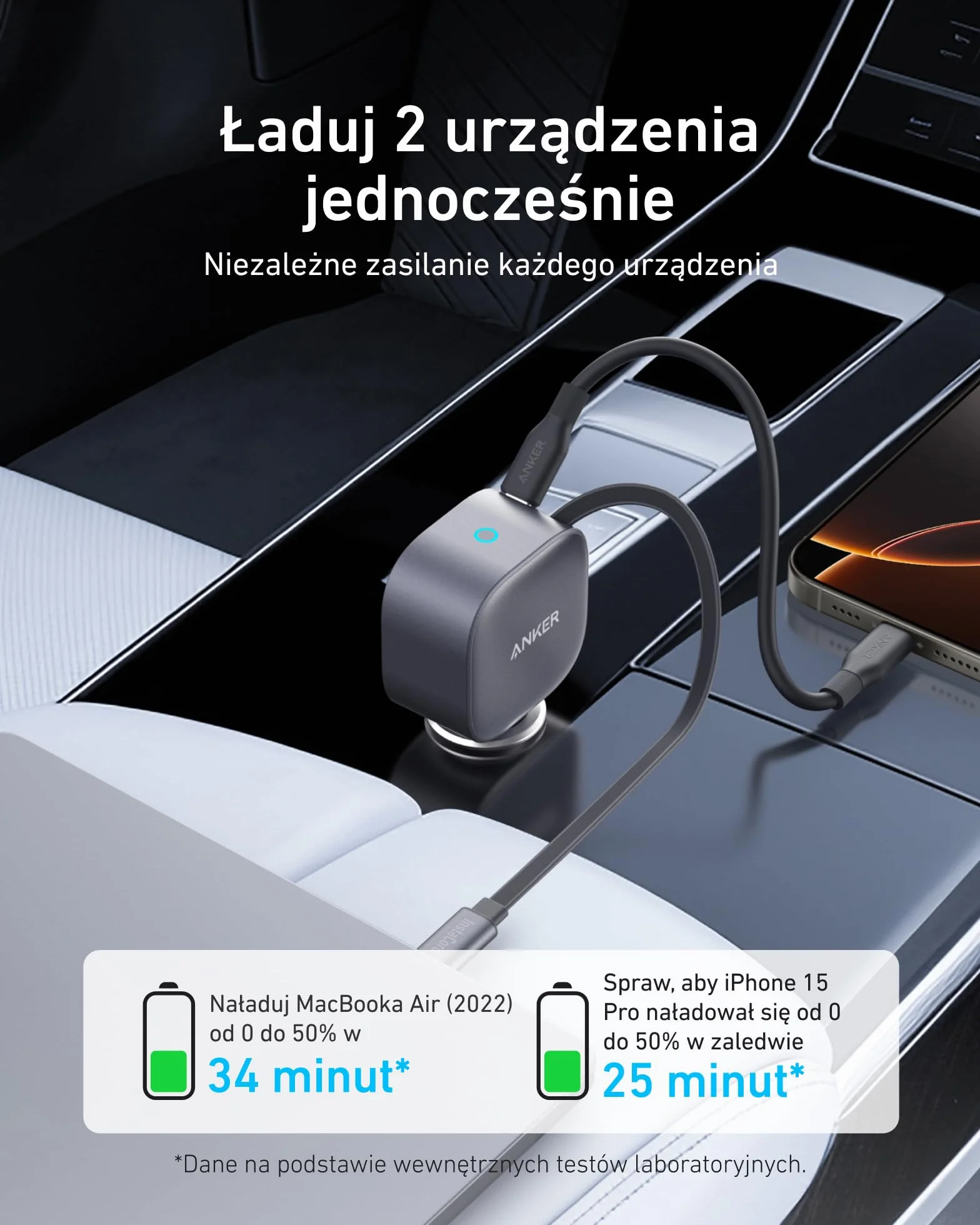 Anker Ładowarka samochodowa USB-C 75W z wbudowanym zwijanym kablem