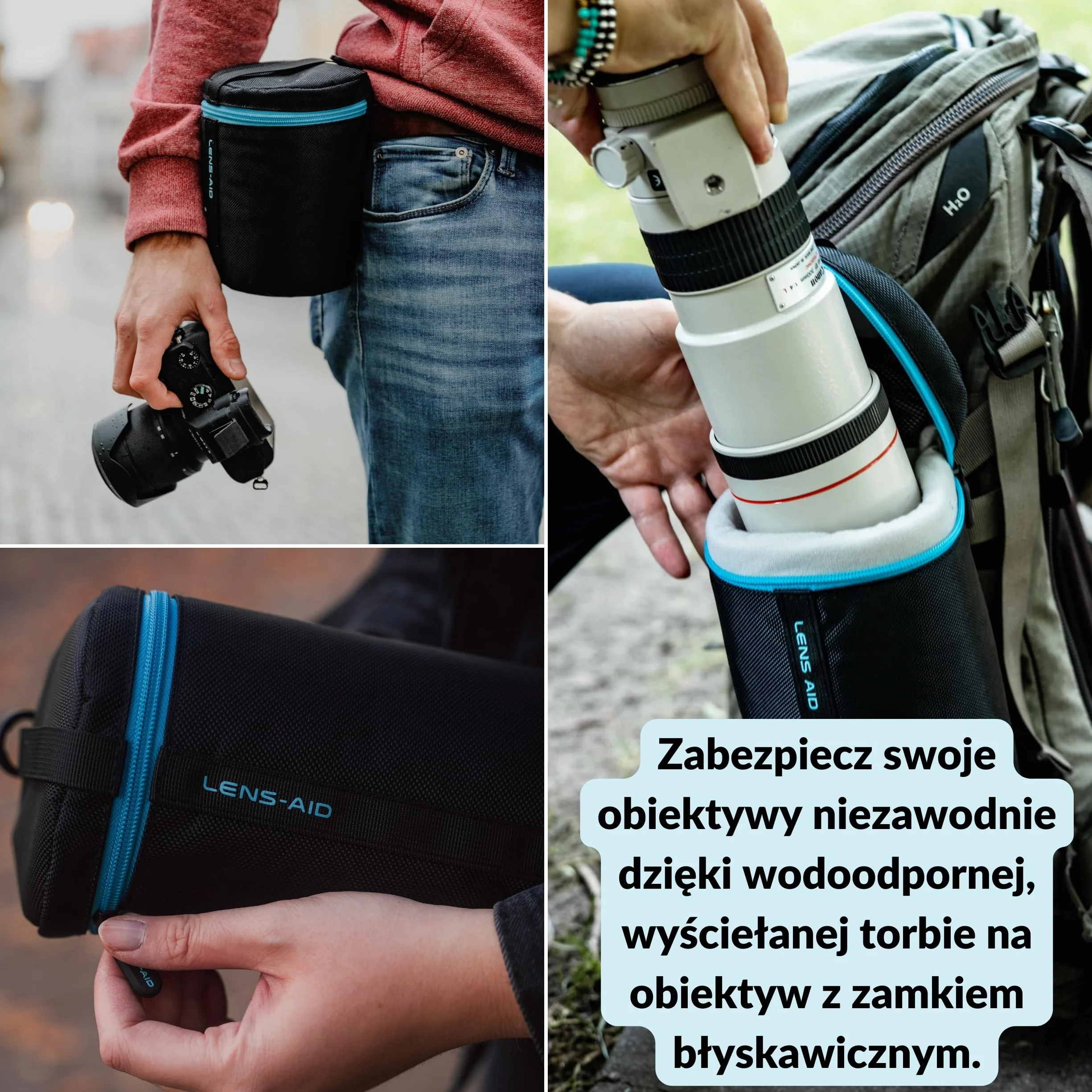 LENS-AID Torba na obiektyw grubo wyściełana: etui ochronne na obiektyw z zamkiem błyskawicznym i klamrą paska, czarny, XXL (12 x 35 cm), Dodatkowa torba