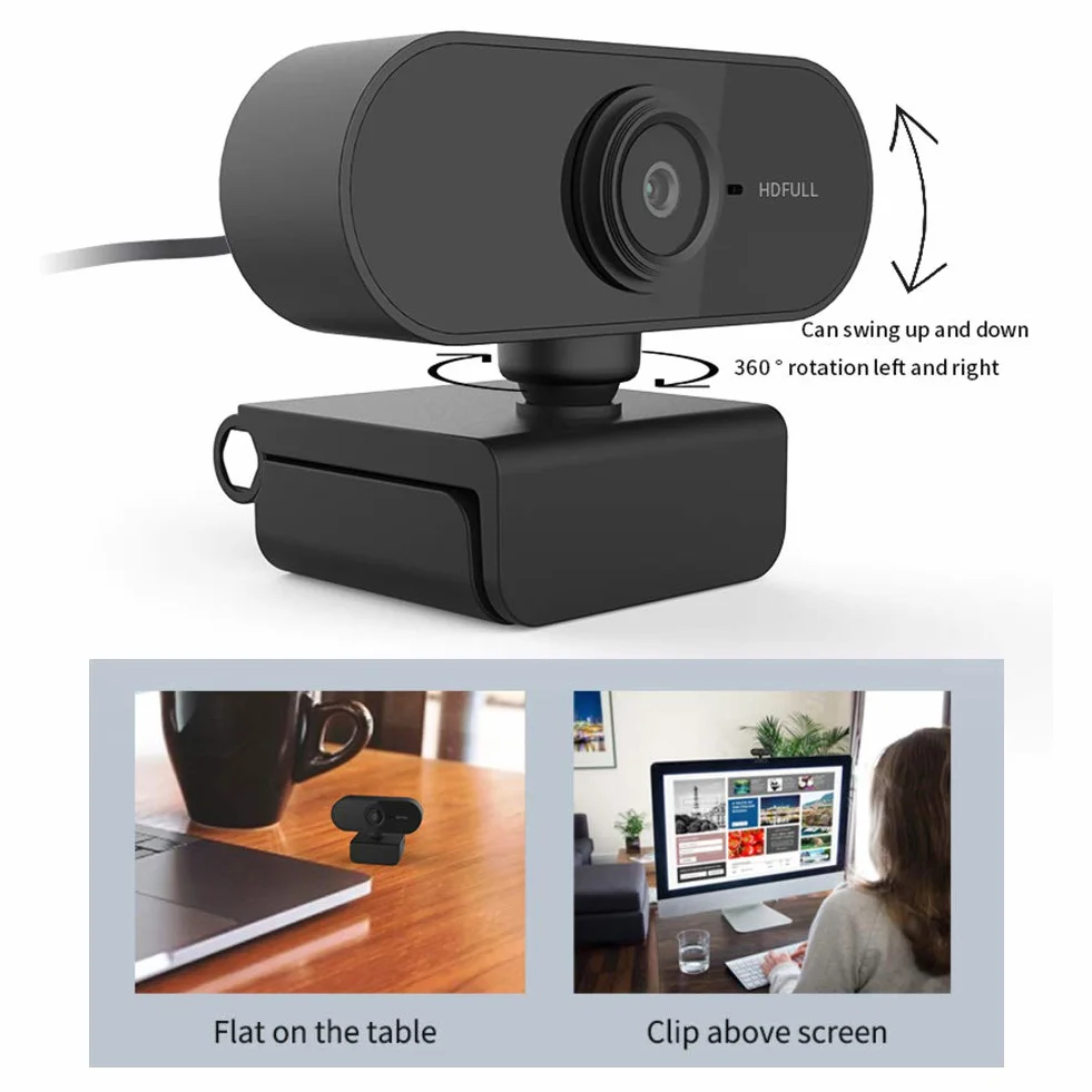 Kamera Internetowa USB 1080P z Mikrofonem, Obrót 360 Stopni, do Wideokonferencji (Czarny)