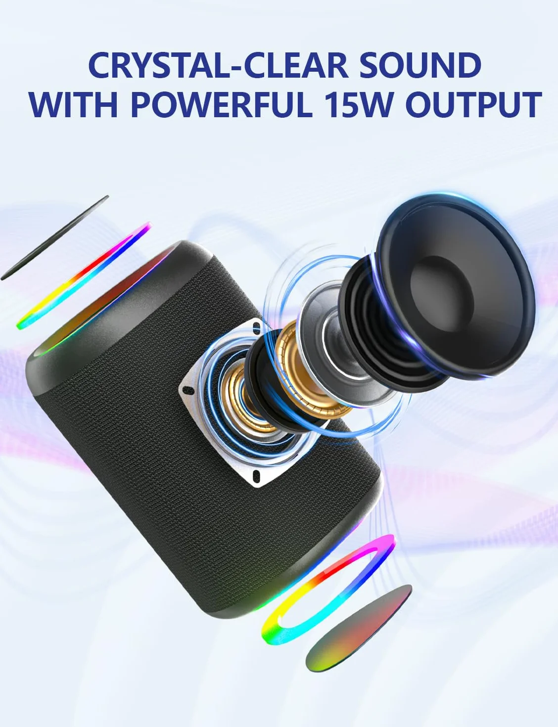 UOHHBOE Przenośny głośnik 15W Bluetooth bezprzewodowy BT5, 3 mocne głośniki z oświetleniem TWS 2500mAh 30m Odległość IPX5 AUX TF Card Wieczory Imprezy Plener Podróże