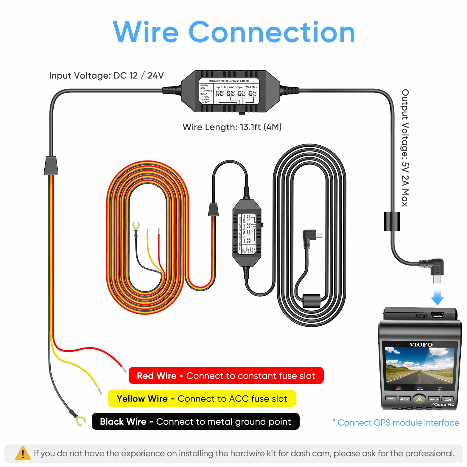 Viofo HK3 Kabel do twardego podłączenia dla A129, A129 Plus, A129 PRO, A129 IR, A119 V3, tryb parkingowy, ochrona przed niskim napięciem