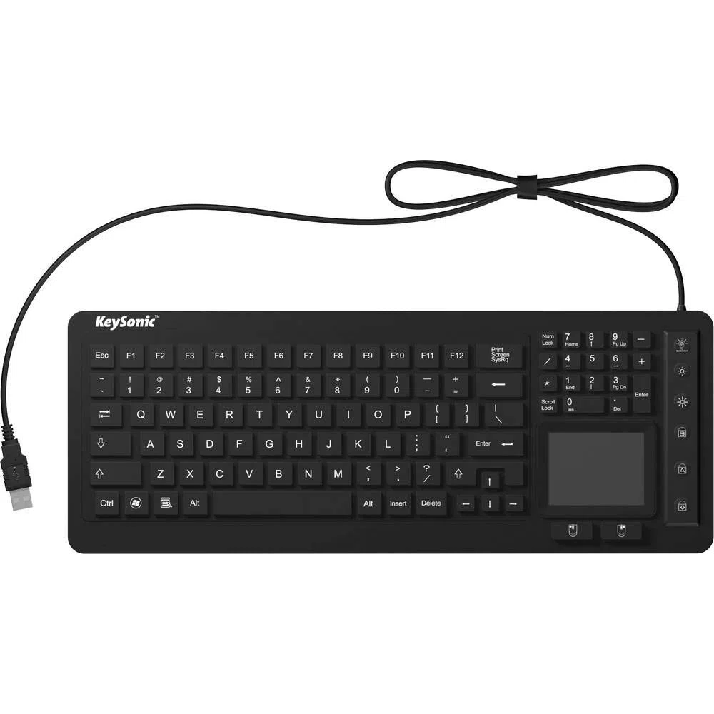 KeySonic KSK-6231 klawiatura INEL (US) silikonowa klawiatura uniwersalna, pyłoszczelna i wodoszczelna, pełnowymiarowa touchpad z oświetleniem, czarna, 28077