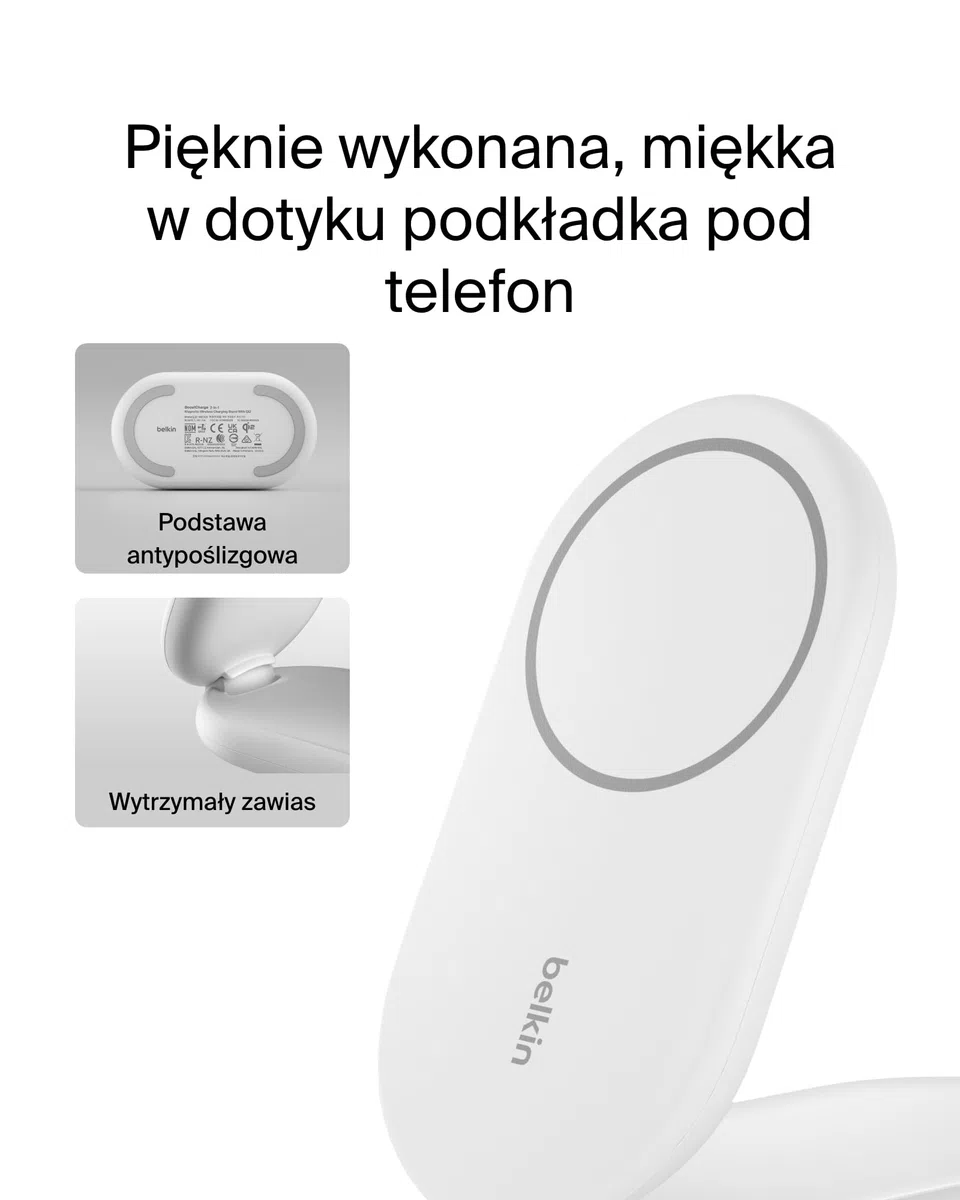 Belkin BoostCharge magnetyczna, składana ładowarka Qi2 2 w 1 o mocy 15 W, ładowarka bezprzewodowa zgodna z MagSafe do Apple iPhone 16/15/14/13, z antypoślizgową podstawą, zasilacz w zestawie – biała