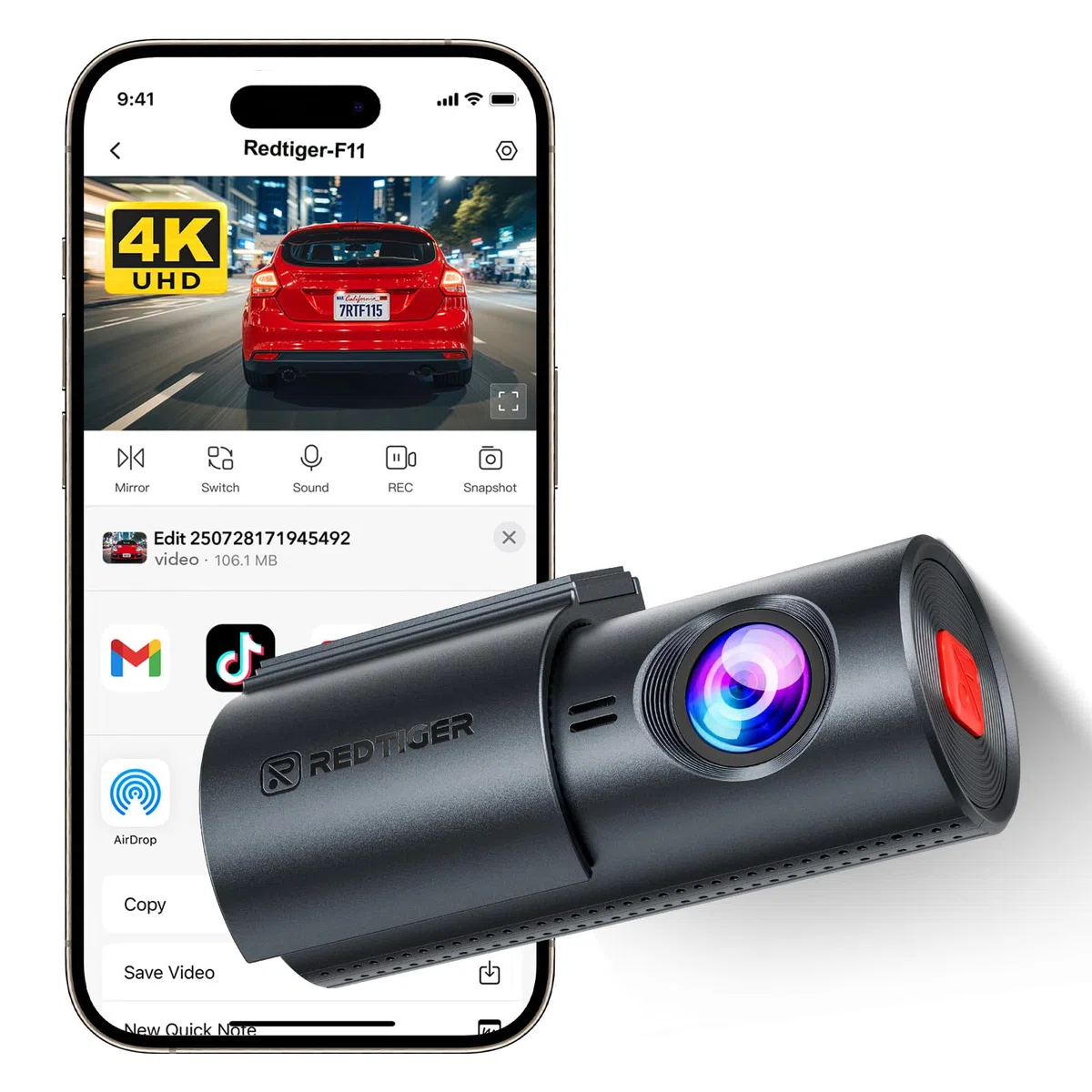 REDTIGER 4K Dash Cam samochodowa kamera na deskę rozdzielczą, Antifurto con Visione Notturna, WDR, Registrazione in Loop, WiFi, Installazione in due Passaggi,Modalità