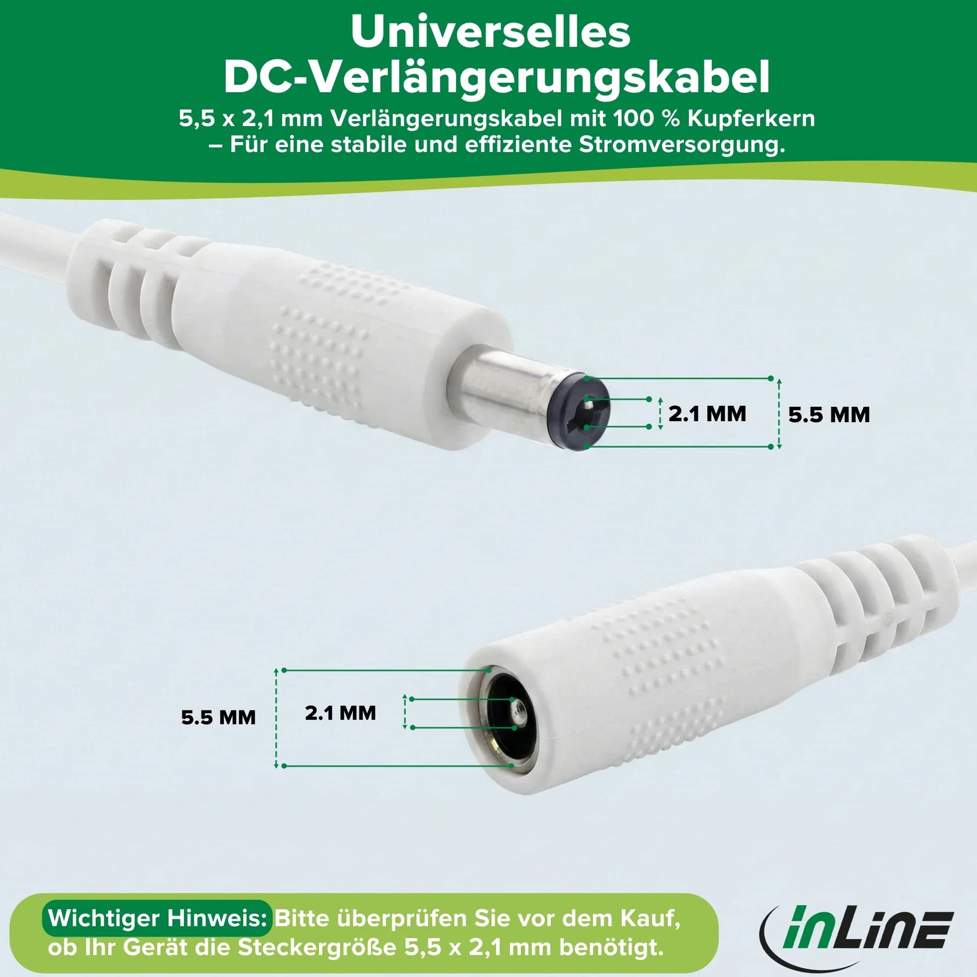 InLine - Przedłużacz DC, uniwersalny zasilacz sieciowy przedłużacz do taśm LED, kamer monitorujących, drukarek, routerów, przełączników i wielu innych, wtyk DC 5,5 x 2,1 mm, biały, 5 m