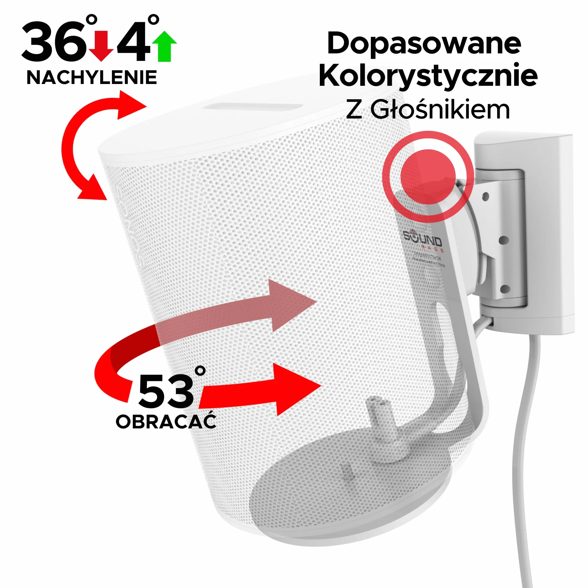 Sound Bass ERA 100 Uchwyt Ścienny, Pochylenie i Obrót, Biały, Pojedynczy (1 szt.), Kompatybilny z Sonos ERA100 i ERA 100 SL, Łatwa Instalacja, Zawiera Zestaw Montażowy
