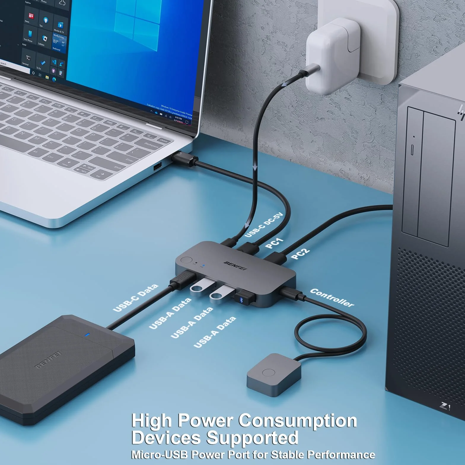 BENFEI przełącznik USB 2 komputery Udostępnij 3*USB 3.0, 1*USB C z pilotem do PC Klawiatura z myszką Drukarka Skaner, Selektor przełącznika USB KVM Zgodny z systemami Windows, Mac, Linux