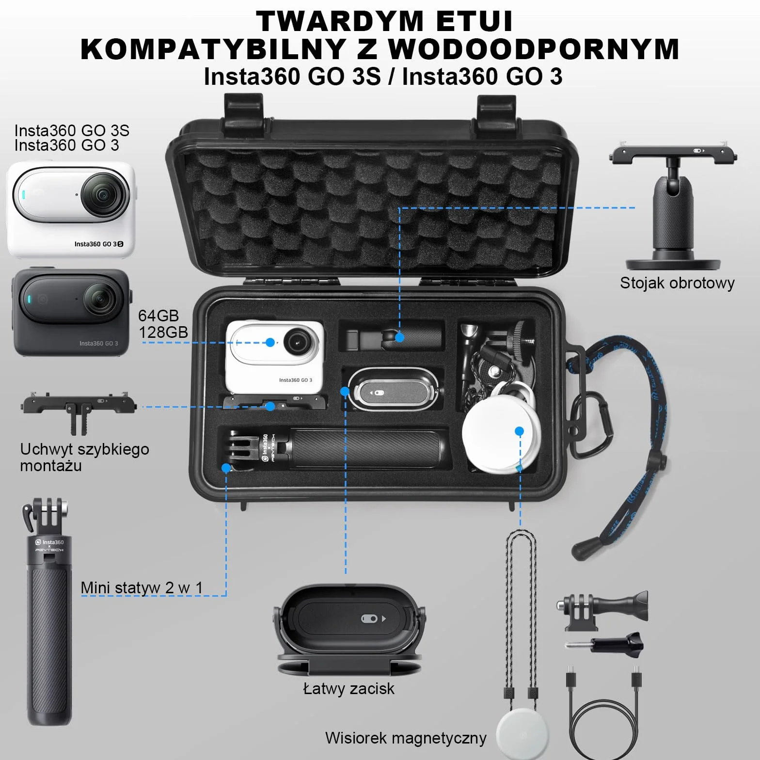 Lekufee podróżna wodoodporna obudowa na kamerę akcji/vlogową Insta360 GO 3S/GO 3 i akcesoria (tylko etui)