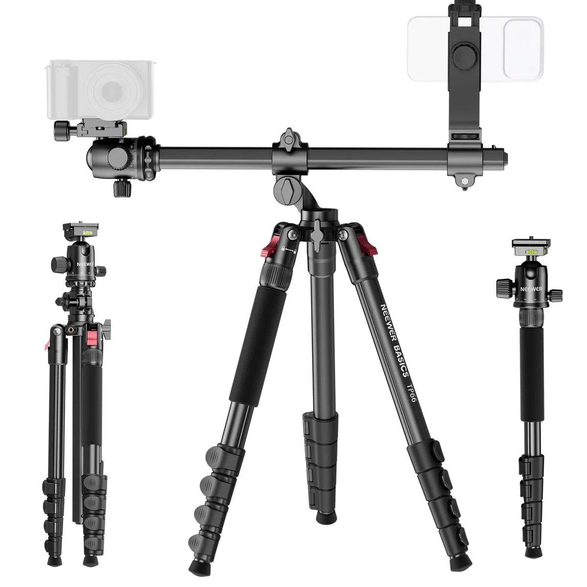 NEEWER BASICS 163.8 cm poziomy statyw monopod do podwójnego aparatu aluminiowy podróżny DSLR stojak na kamerę z uchwytem na telefon komórkowy kompatybilny z iPhone'em do nagrywania wideo, obciążenie