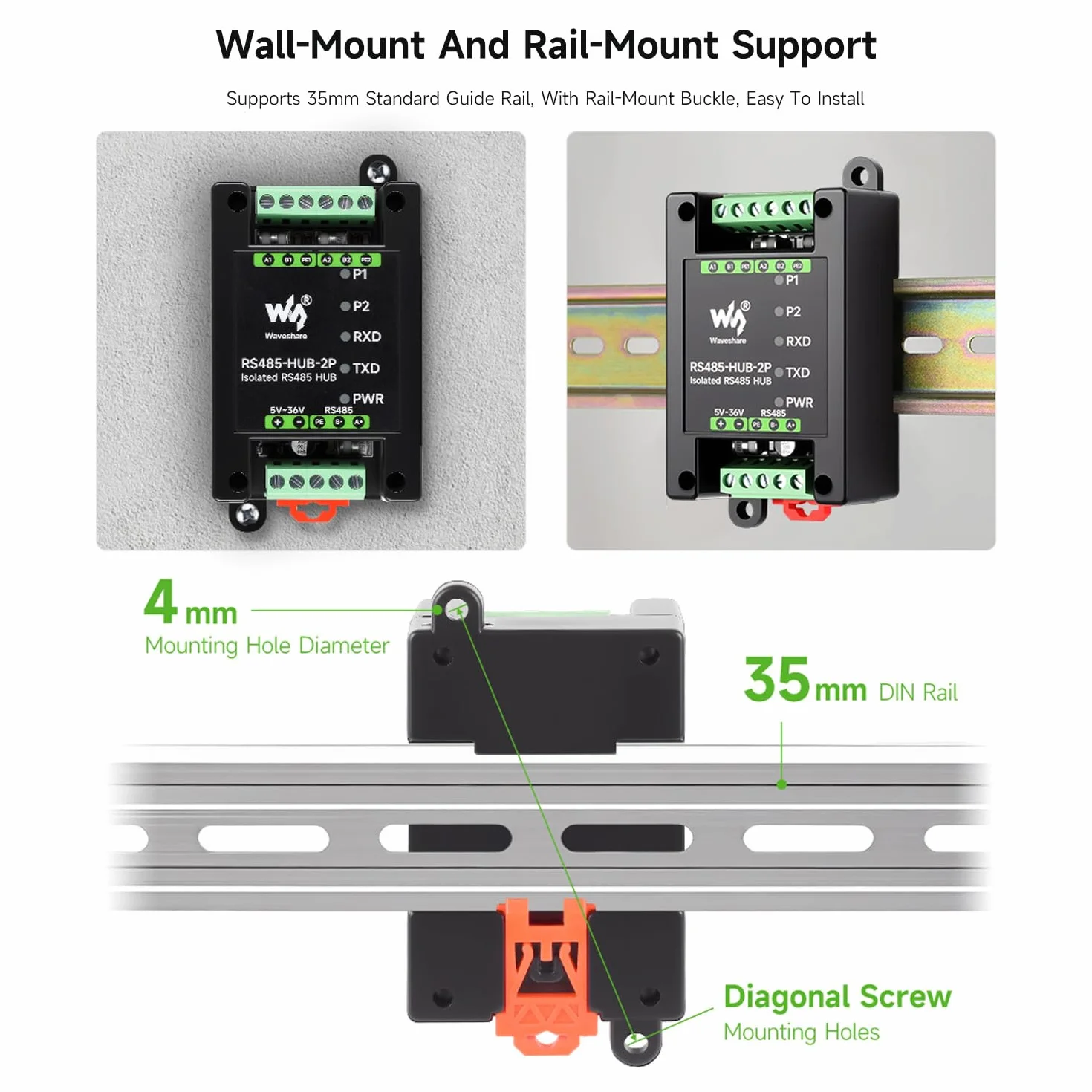 Waveshare Industrial-Grade Isolated 2-Channel RS485 Hub, Rail-Mount Support, Wide Baud Rate Range, Expands 2-ch RS485 Sub Ports Via 1-ch RS485 Master Port, with Isolation and Signal Relay