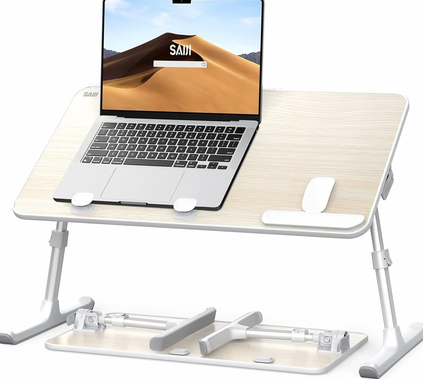 Stół, biurko, SAIJI regulowany stojak na laptopa, stolik na łóżko, 5 wysokości, 4 kąty, stabilne składane biurko na łóżko, sofę, biurko, pasuje do laptopa o przekątnej do 43 cm (drewno tekowe)