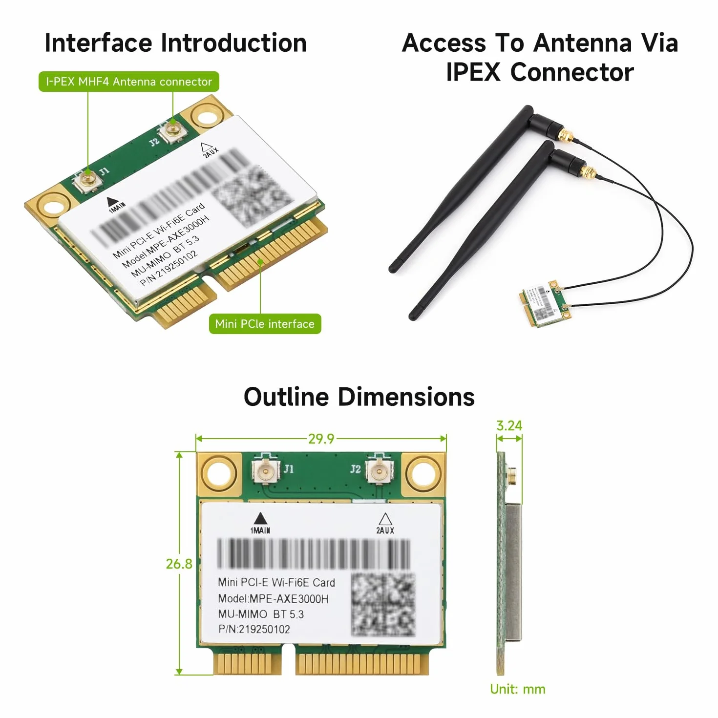 Waveshare Wireless MINIPCIE AX210 NIC, Compatible with Linux, Windows 10/11, Gigabit Tri-Band Wi-Fi 6E, 802.11AX Standard, BT 5.3