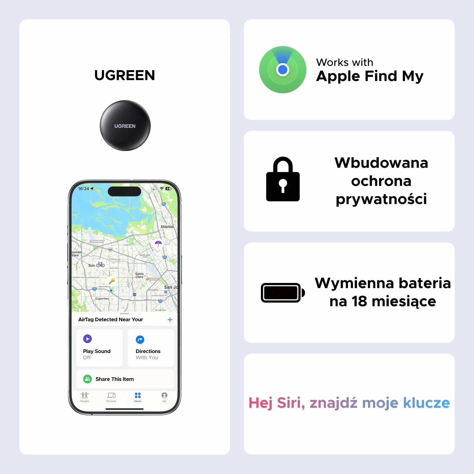 UGREEN FineTrack Mini kompatybilny z Apple Find My, inteligentny tag z sygnałem dźwiękowym 80 dB, lokalizator kluczy (2 opakowania)