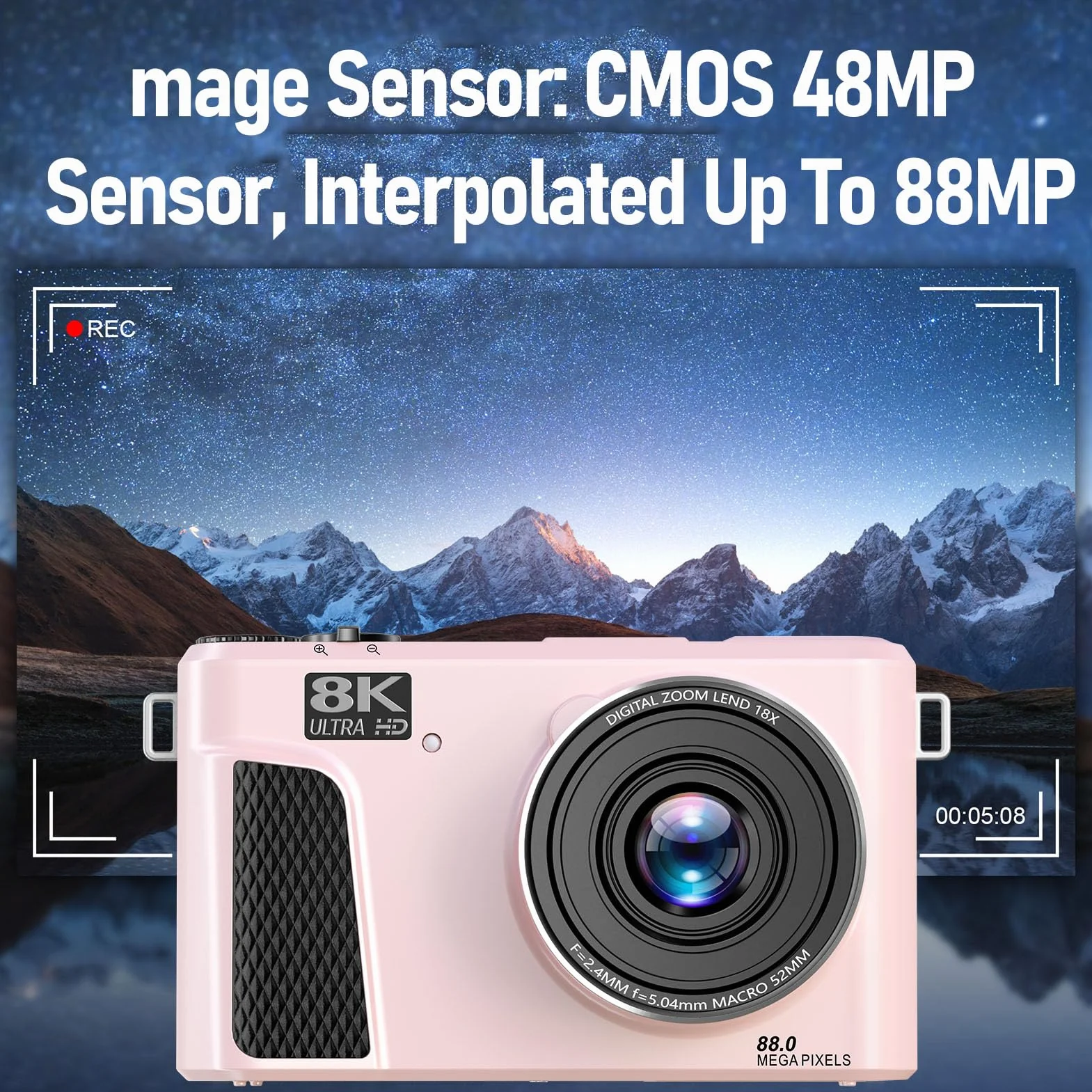 Fockety Kamera Cyfrowa 8K do Fotografii, Wi -Fi 88MP Autofocus Compact Camera z 3 -calowym Ekranem Klapki, 18x Cyfrowy Zoom i Bateria dla Początkujących, Nastolatków, Dorosłych (PINK)