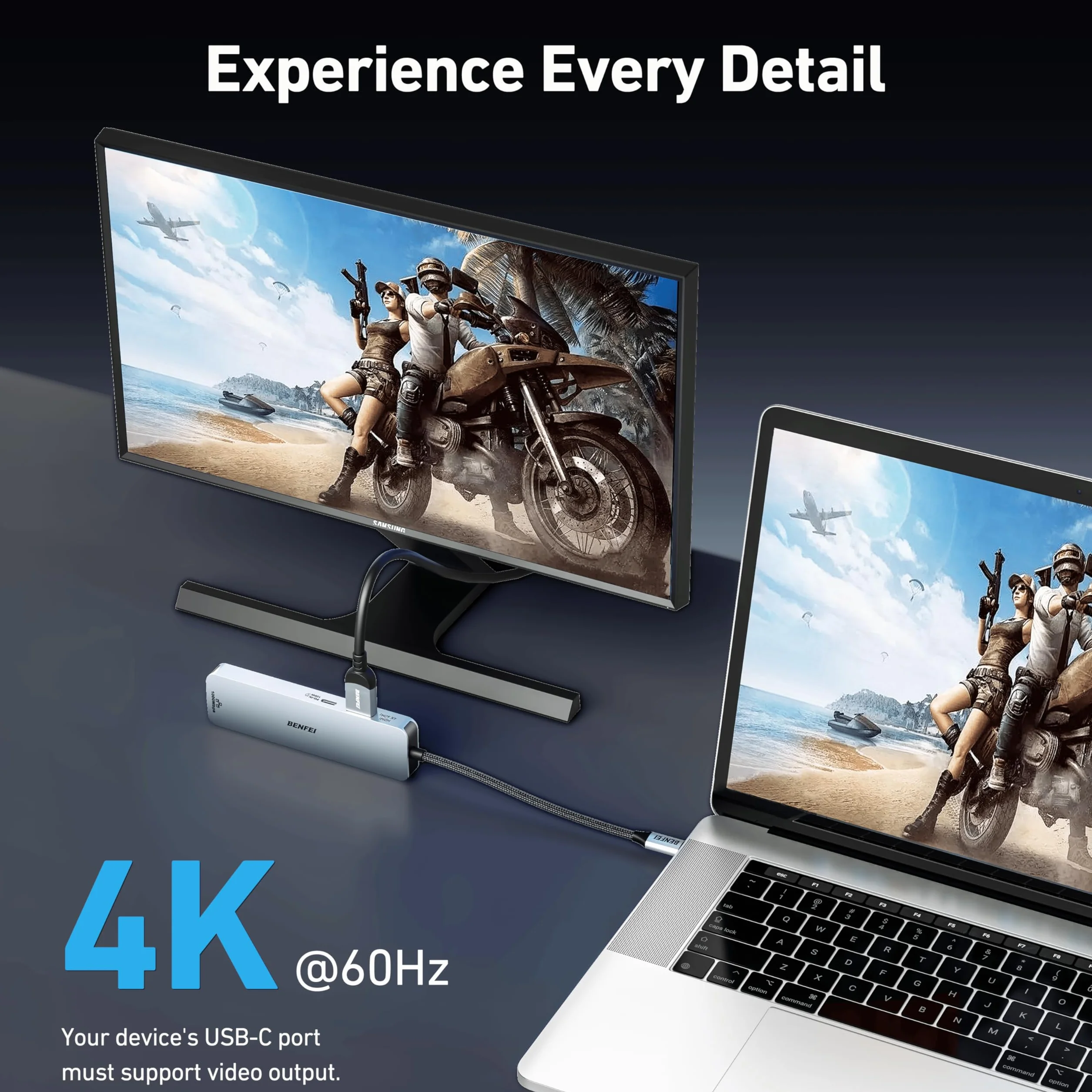 BENFEI Hub USB C 6 w 1 HDMI 4K@60Hz USB-A USB-C 100W Gigabit Ethernet Kabel silikonowy do MacBooka Pro Air iPada Pro iMaca