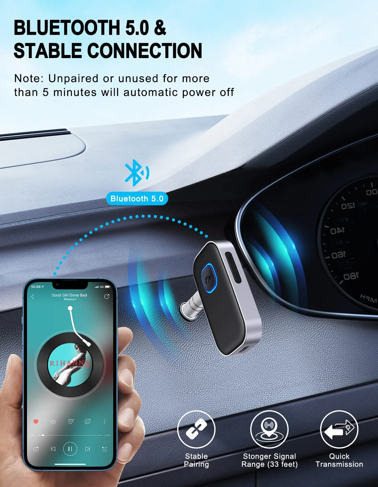 Glangeh Odbiornik Bluetooth Samochodowy Adapter z Redukcją Szumów 16h Aux
