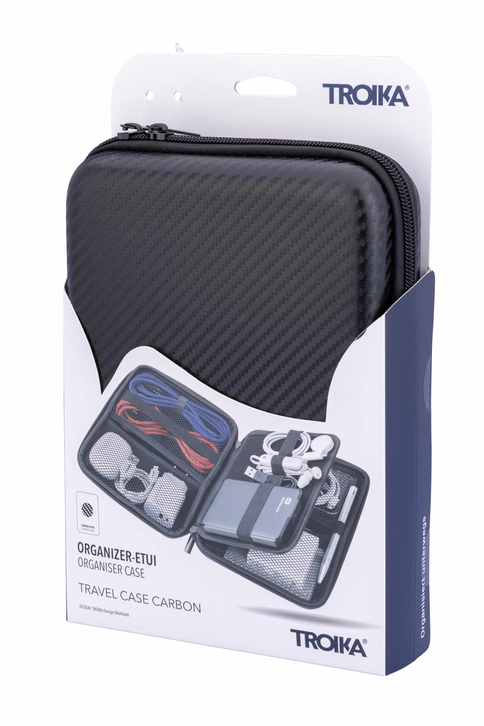 TROIKA Organizer etui z zamkiem błyskawicznym TRAVEL CASE CARBON z 3 przegródkami wewnętrznymi i 6 elastycznymi szlufkami na taśmie wraz ze ścianką działową (wewnątrz) sztuczna skóra, aksamit – wygląd