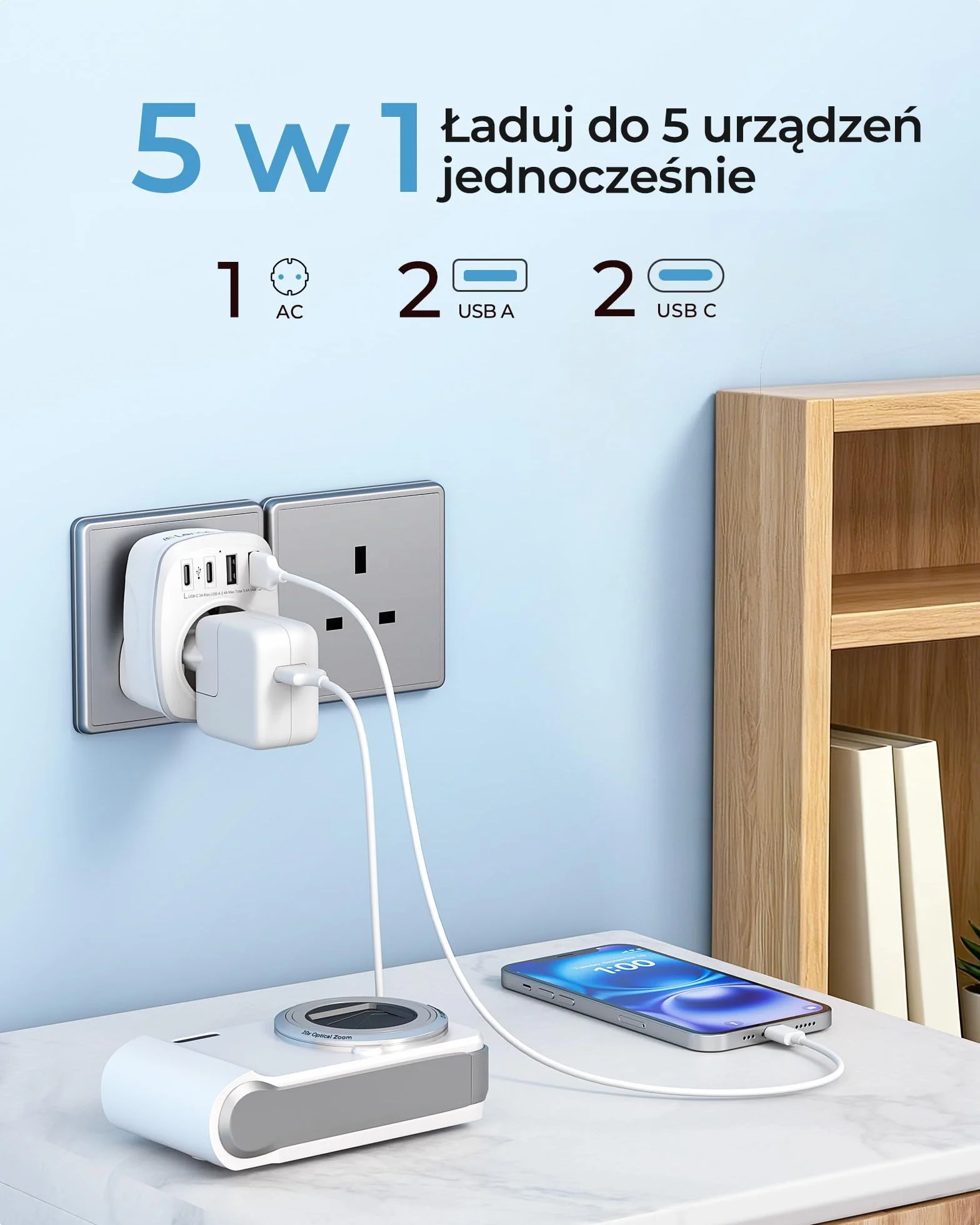 LENCENT 5-w-1 Adapter Podróżny UK Adapter, Typu-G Wtyczka Podróżna Adapter z 3 USB-A, 1 Typ C i 1 AC Schuko Adapter do Wielka Brytania, Irlandia, Dubaj, Malezja, Singapur, Hongkong ładowarka ścienna