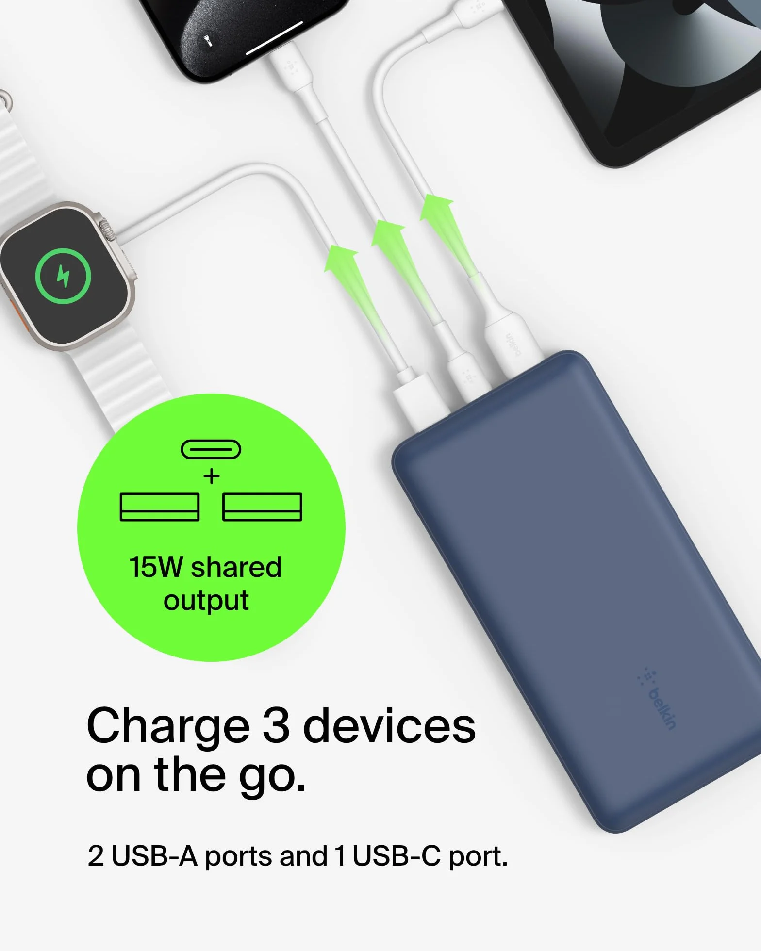 Belkin BPB012, Przenośna ładowarka USB C 20 000 mAh, powerbank 20K z wejściem/wyjściem USB typu C i 2 portami USB A, w zestawie kabel USB C na A, do iPhone'a, Galaxy i innych urządzeń, Niebieska