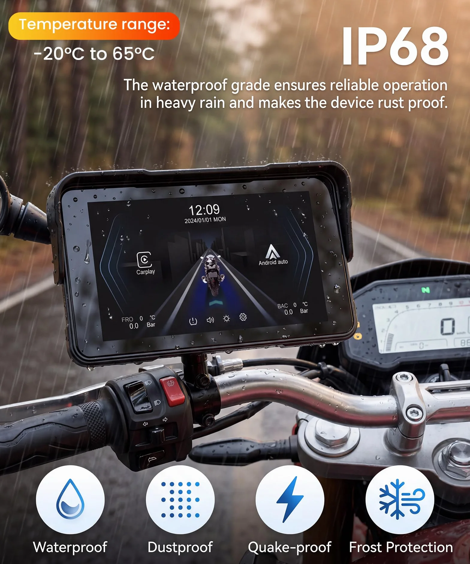 Rimoody Motocyklowy wyświetlacz CarPlay 5" z kontrolerem kierownicy, zdejmowany stojak, bezprzewodowy wyświetlacz CarPlay i Android Auto do motocykli, bezprzewodowe radio samochodowe CarPlay
