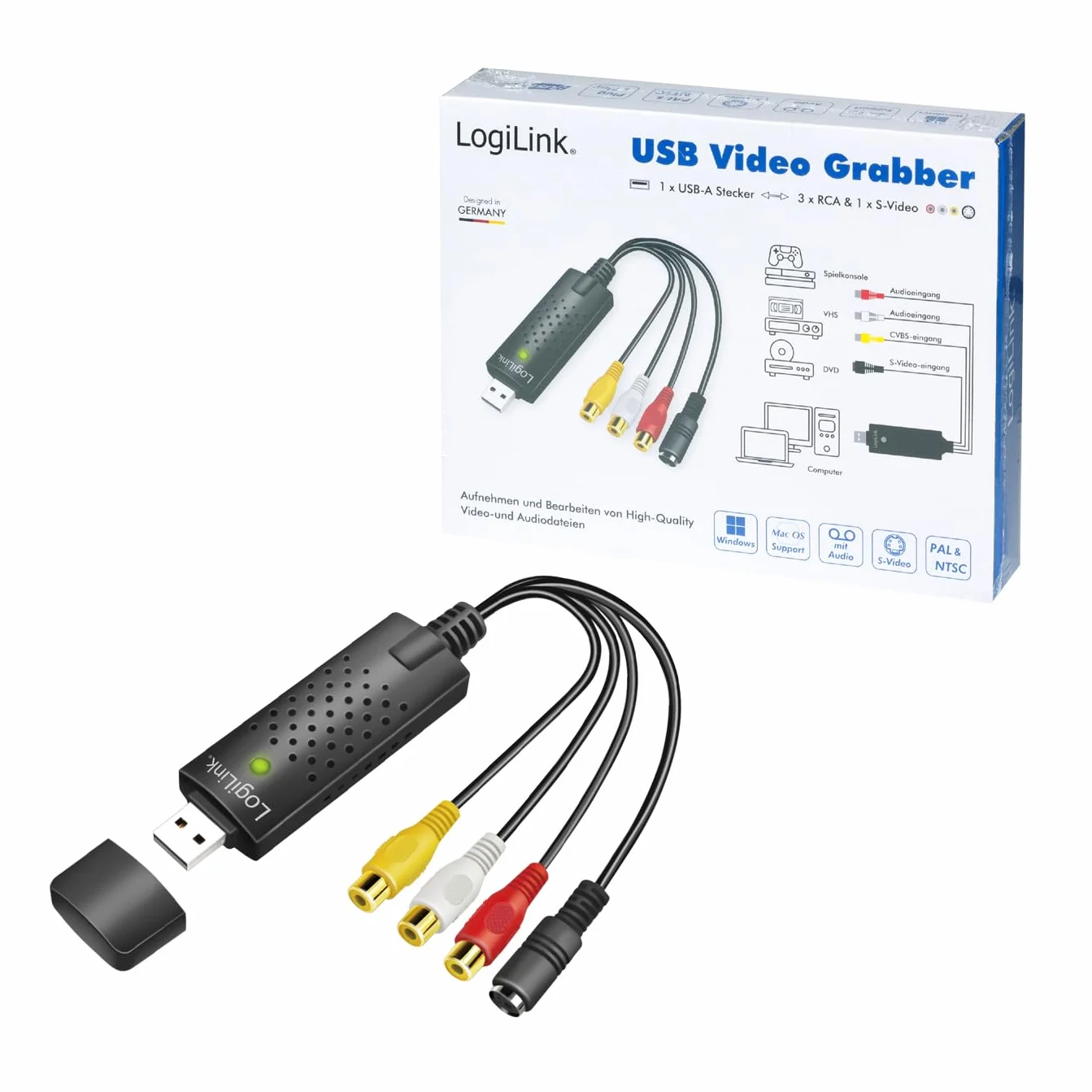 LogiLink VG0030A - USB 2.0 Audio/Video Grabber, 3 x cinch + miniDIN5 (S-Video) do Windows 7/8/10/11, Mac OS 10.7 lub nowszych, Android 5.0 lub nowszy
