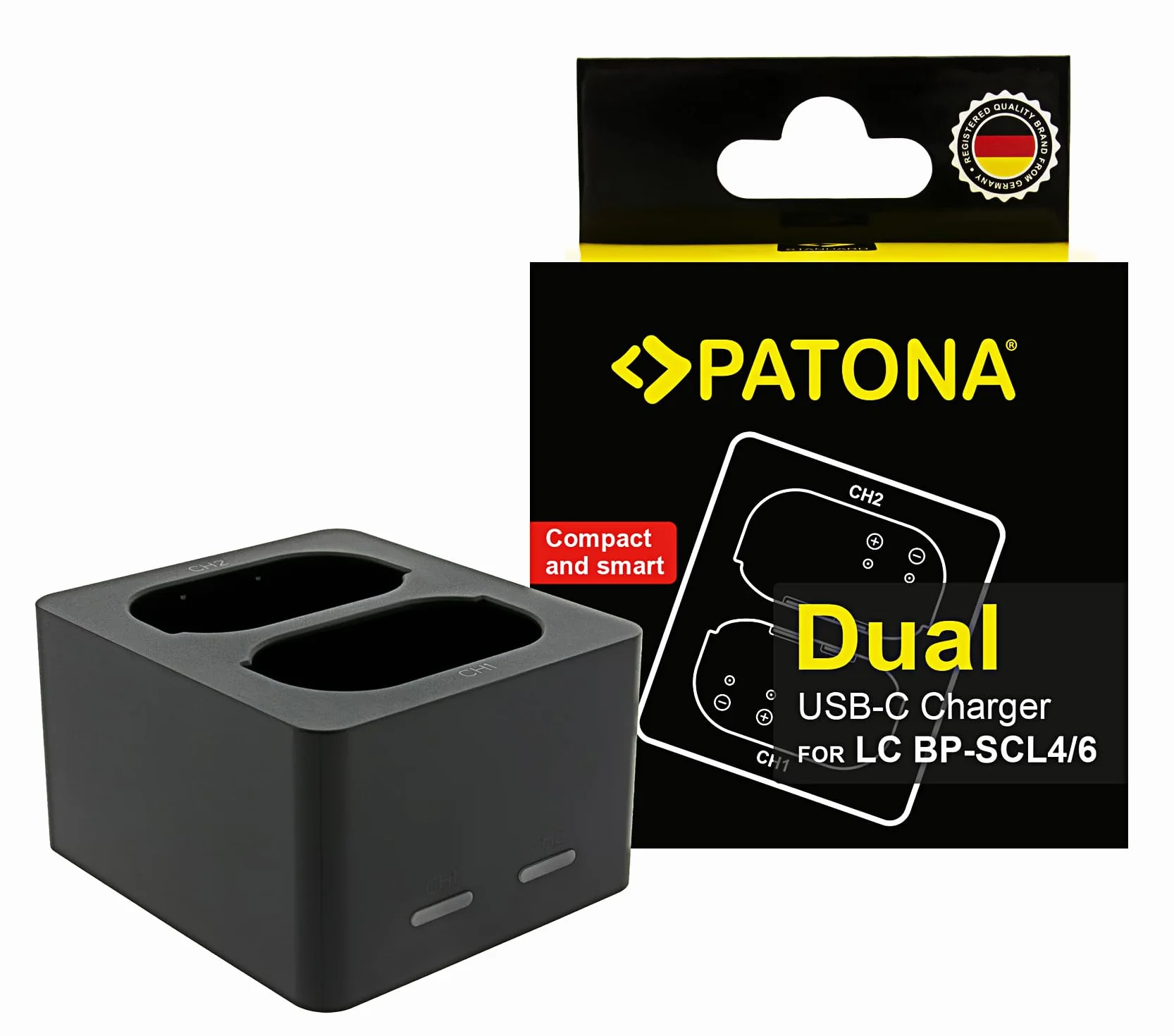 PATONA Podwójna ładowarka do Leica Q3 Q4 BP-SCL4 BP-SCL6 | kompaktowa ładowarka USB-C do 2 akumulatorów jednocześnie | w zestawie kabel USB-C, wskaźnik poziomu naładowania LED, ochrona przed