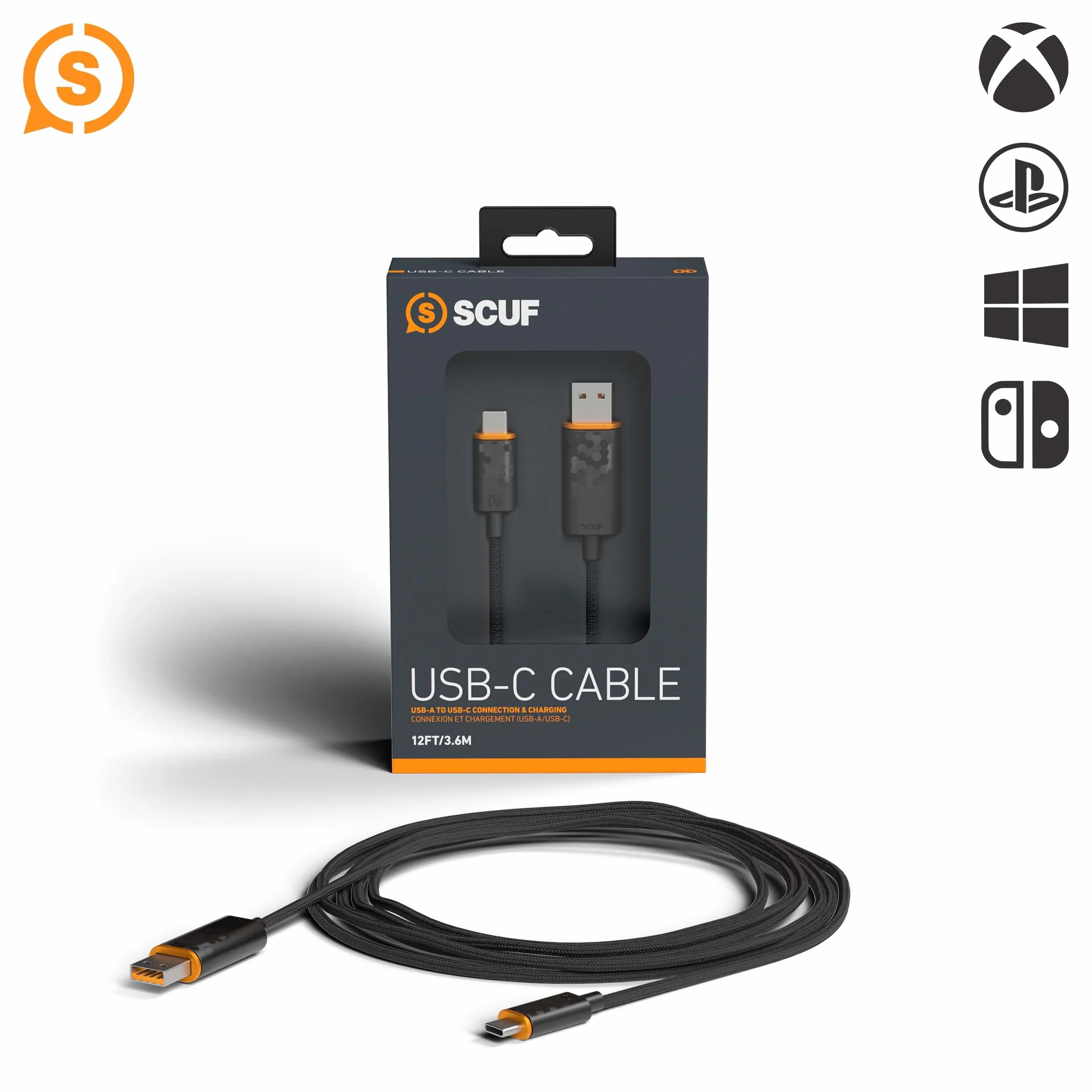 SCUF Pleciony kabel USB C – 3,6 m USB typu C do podłączenia i ładowania do kontrolera Xbox, kontrolera PS5 i smartfonów - czarny