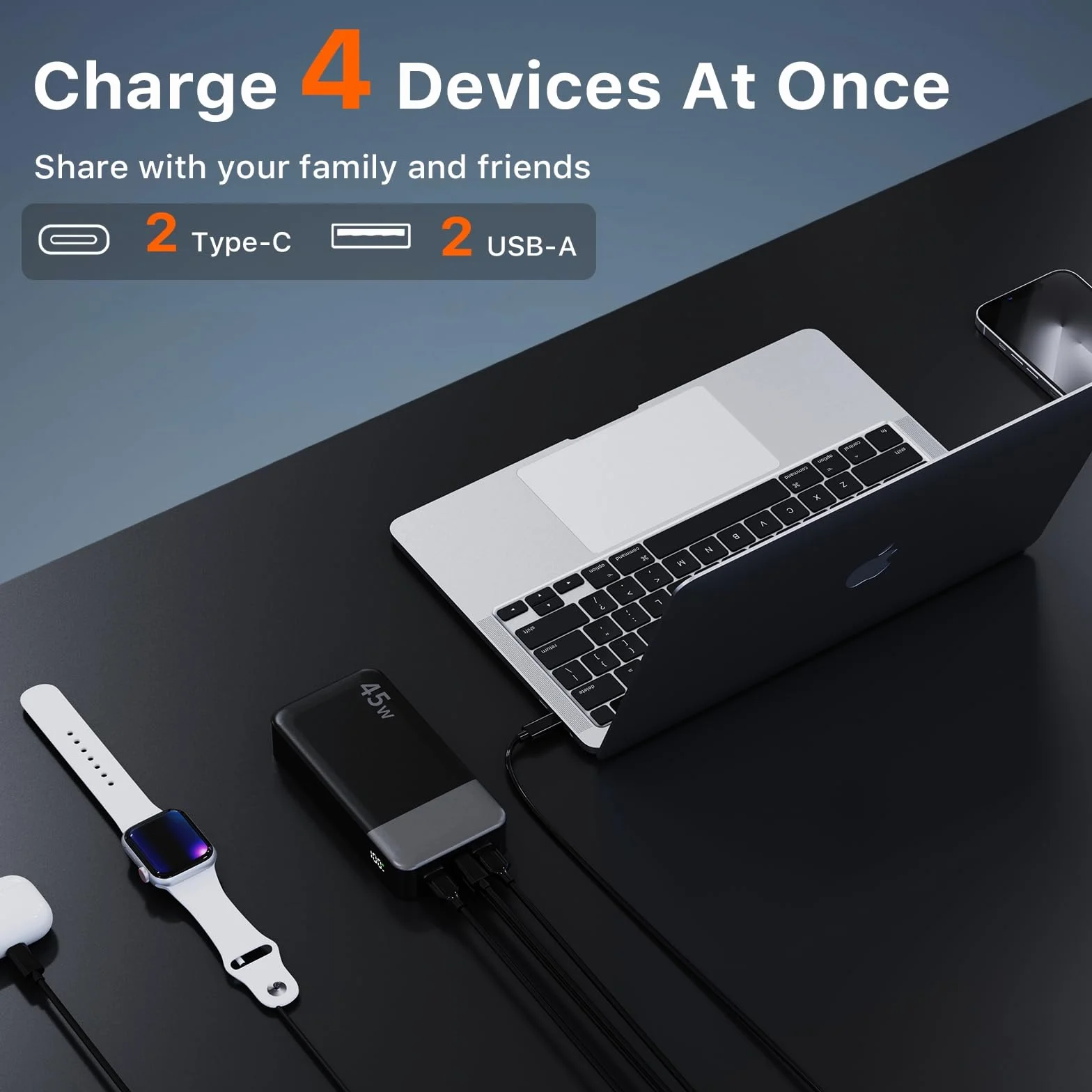PowerBank 20000mAh 45W Szybka ładowarka przenośna USB C 4 porty LED czarny