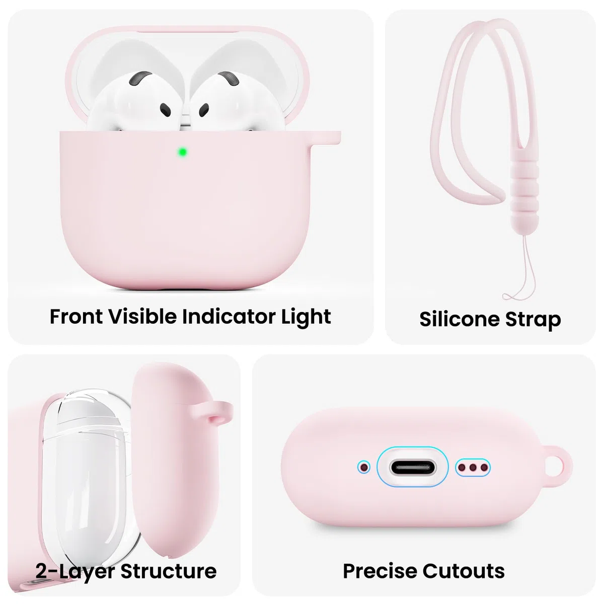 ORNARTO Silikonowe etui do AirPods 4 - różowe | 2-częściowe etui silikonowe z 2-warstwową strukturą, ochroną przed wstrząsami, smyczą i narzędziem do demontażu