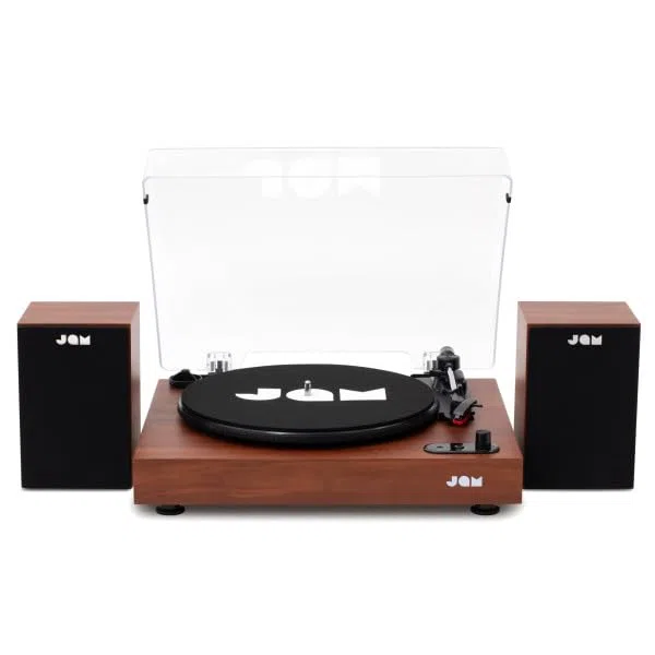 JAM Gramofon z głośnikami – gramofon Bluetooth z głośnikami regałowymi, 3-Speed odtwarzacz winylowy z ochroną przed kurzem, wstępnie ustawionym ramieniem dźwiękowym, w zestawie środek czyszczący do