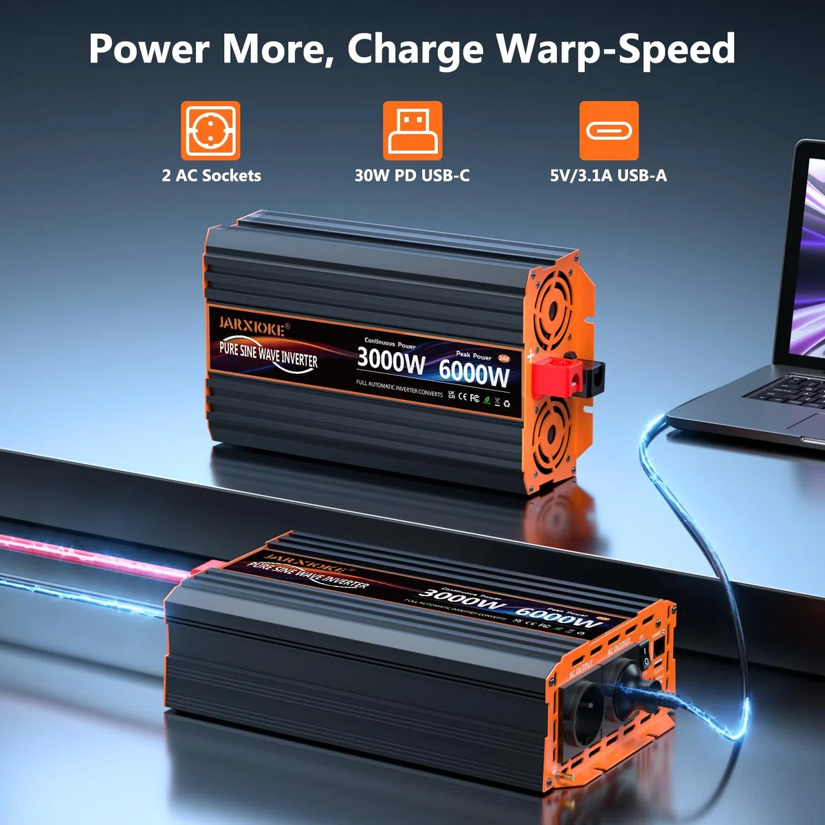 Przetwornica napięciowa 3000 W, 24 V na 230 V, czysty sinusoidalny konwerter z 2 gniazdami UE, 30 W USB-C, 5 V 3,1 A USB, pilot LCD, do przyczep kempingowych, ciężarówek, energii słonecznej, moc