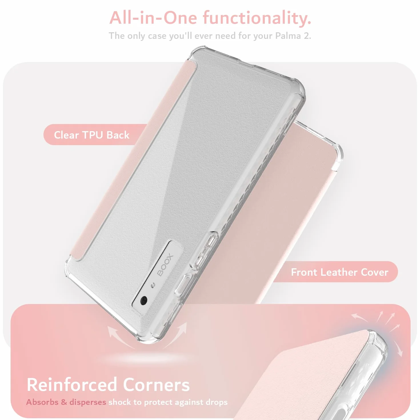 TUDIA SKN FLIP V2 Zaprojektowane dla Onyx Boox Palma 2 etui - [ulepszona technologia automatycznego budzenia/uśpienia] odporny na wstrząsy, smukły, przezroczysty tył TPU z teksturowaną skórą (różowy)