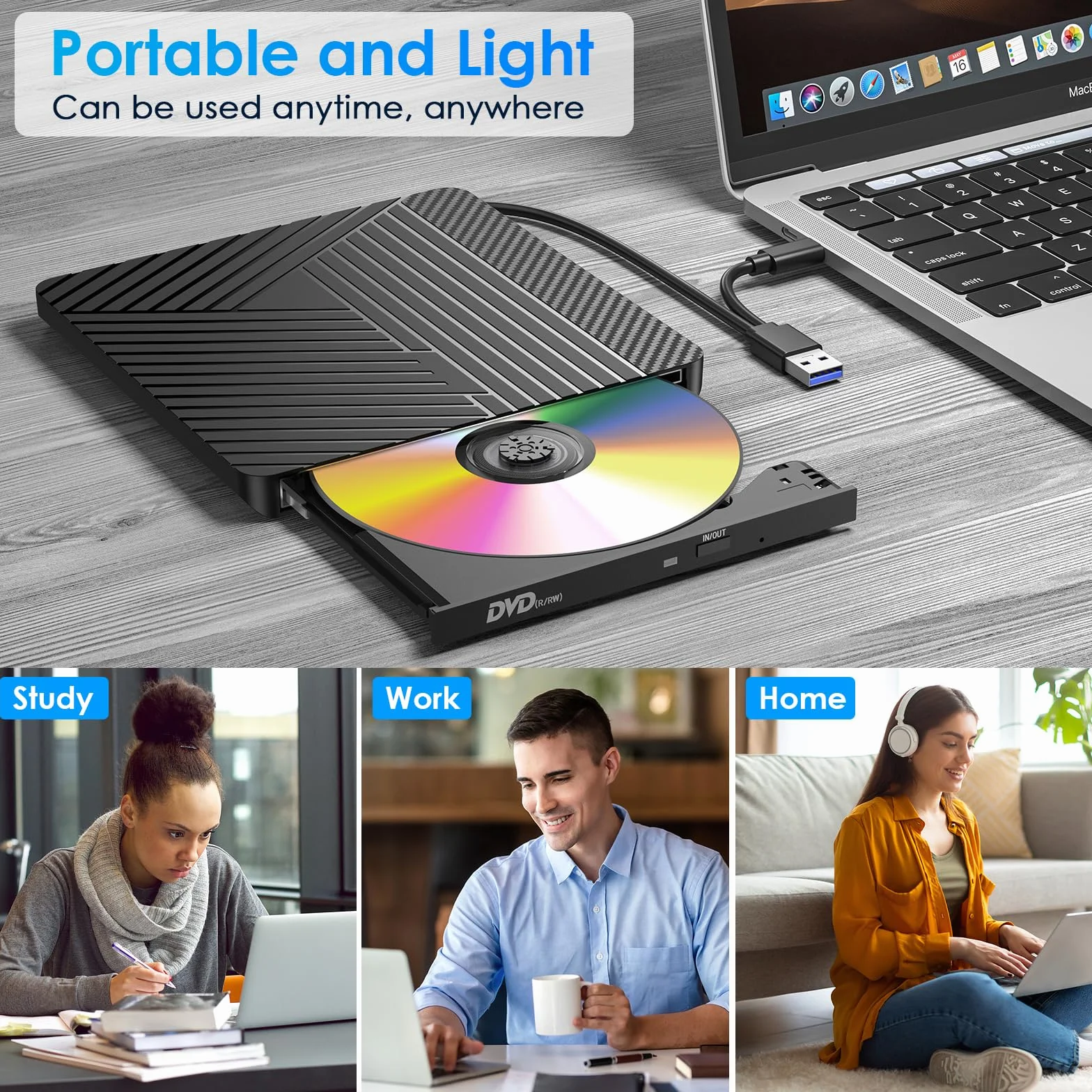 Zewnętrzny odtwarzacz CD DVD, USB 3.0 i Type-C Nagrywarka CD DVD Napęd zewnętrzny, ultra cienki zewnętrzny dyskietka CD DVD +/-RW Drive dla komputerów Laptop Desktop MacBook Mac OS Win11/10/8