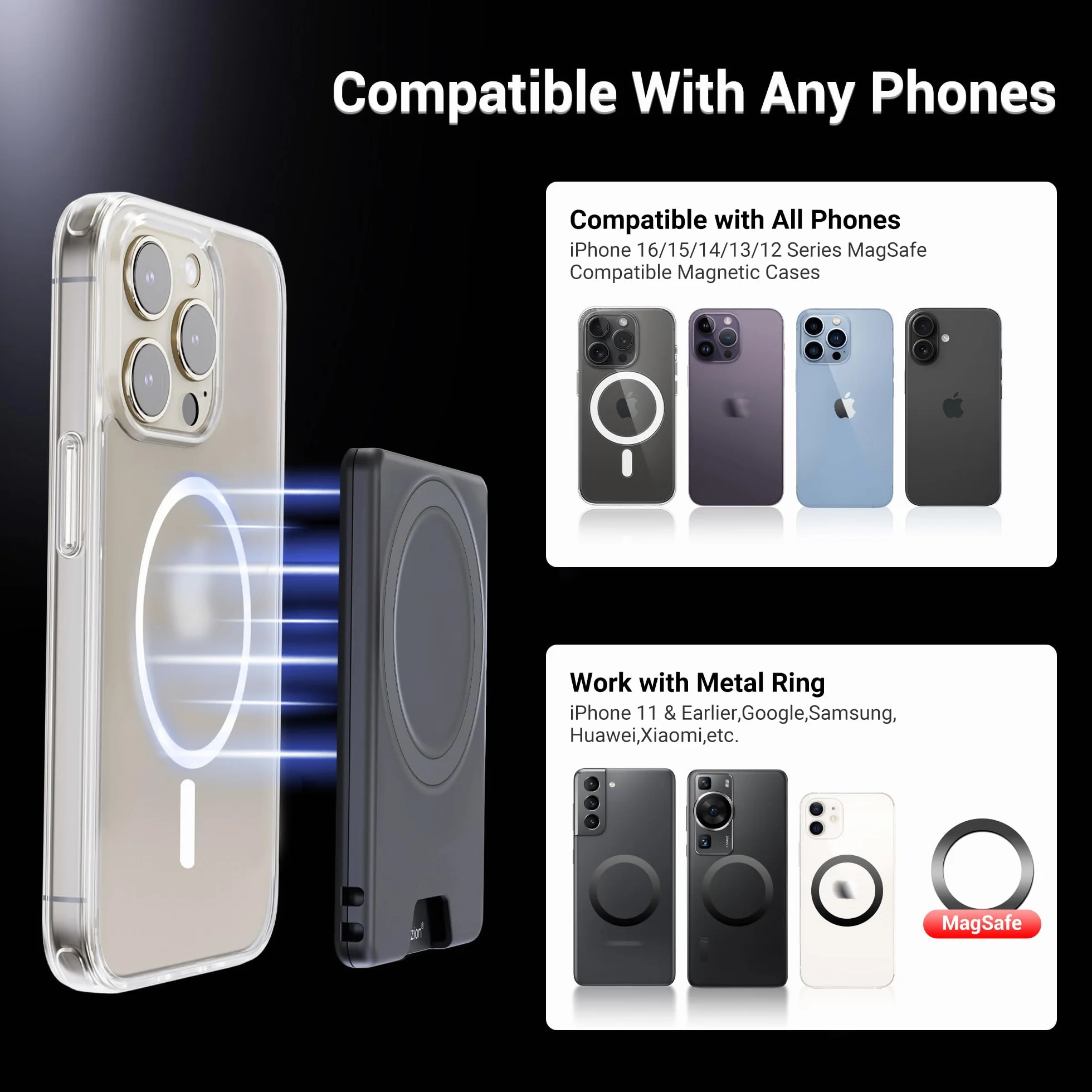 PROfezzion Dwustronna Magnetyczna Portmonetka Etui na 2 Karty Kompatybilny z MagSafe iPhone 16/15/14/13/12 Pro Max Plus Czarny