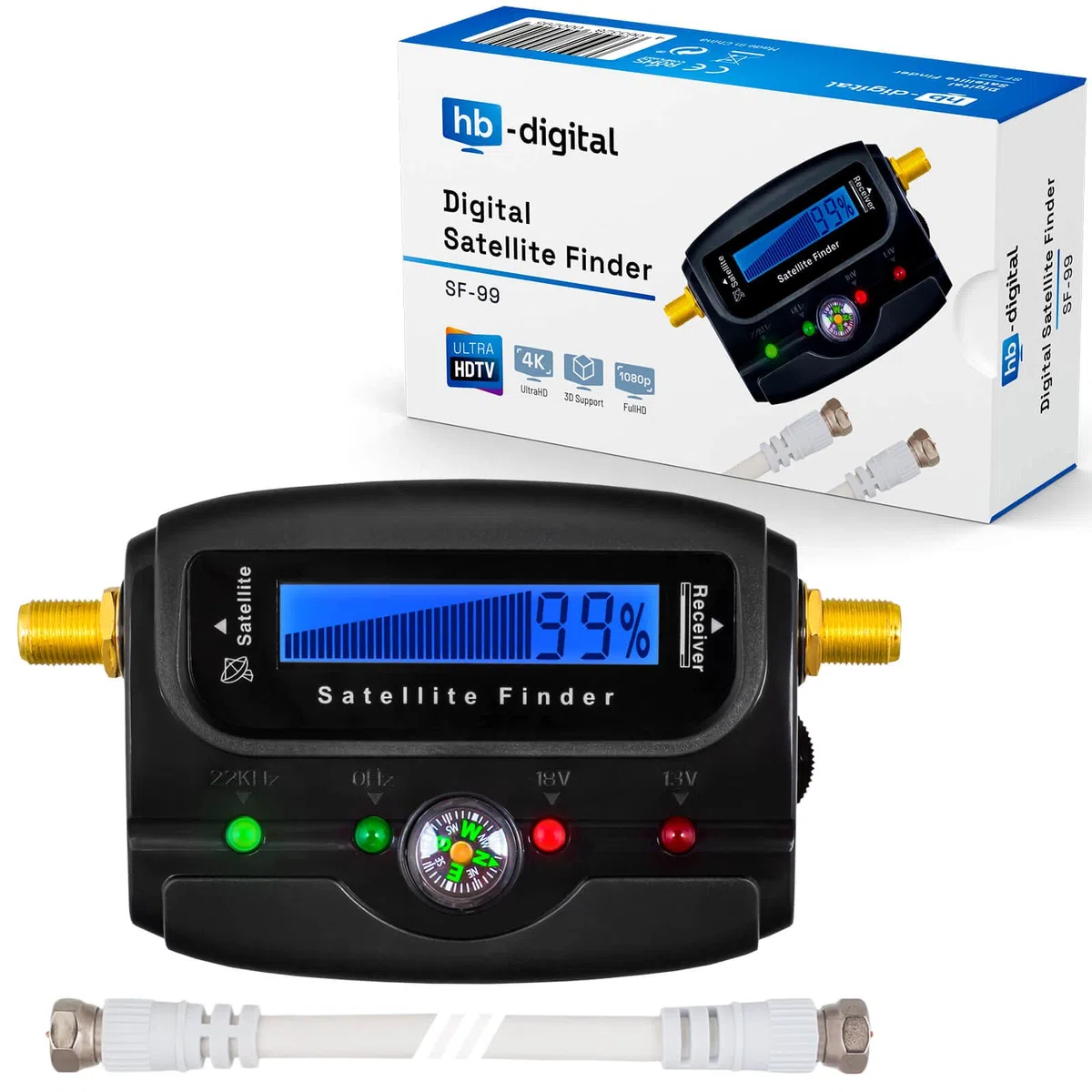 HB Digital SATFINDER z wyświetlaczem LCD kompas i dźwięk + kabel łączący F + instrukcja obsługi w języku niemieckim + pozłacane złącza * do regulacji anteny satelitarnej * z wyświetlaczem