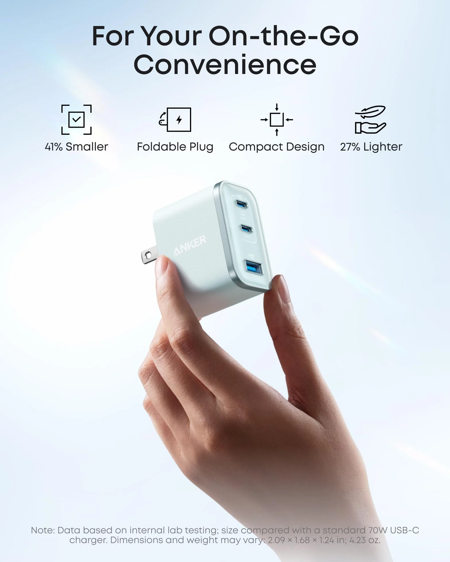 Ładowarka Anker Nano USB C, ultraszybka ładowarka 3-portowa typu C o mocy wyjściowej 70 W, szybkie ładowanie, kompaktowa i stylowa, do iPhone'a 17/16, MacBooka, iPada (niebieski)
