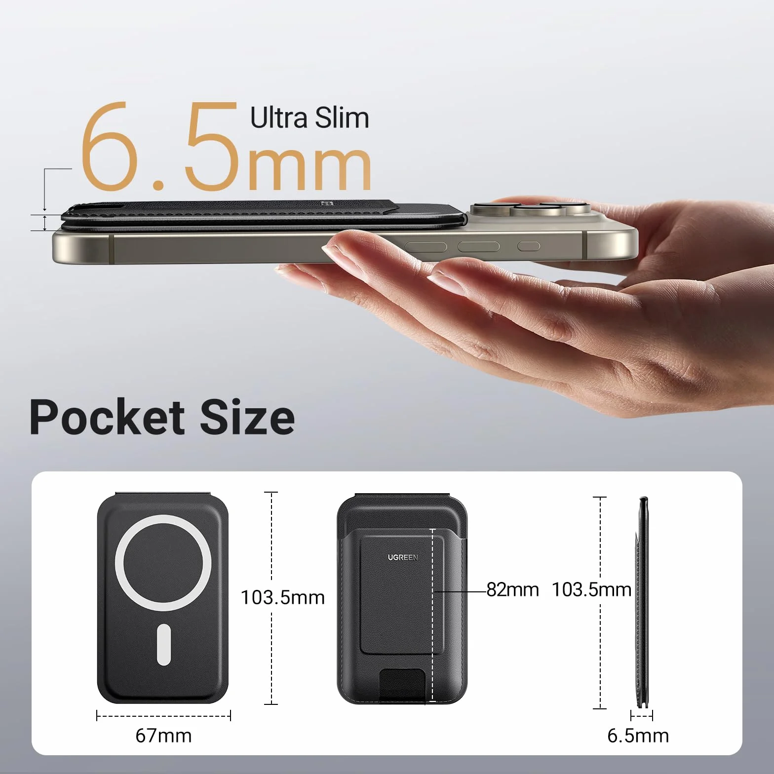 UGREEN Magnetyczny uchwyt na kartę telefonu komórkowego Skórzany stojak na portfel kompatybilny z iPhone'ami serii 15/14/13/12, nie dla 13/12 Mini, czarny