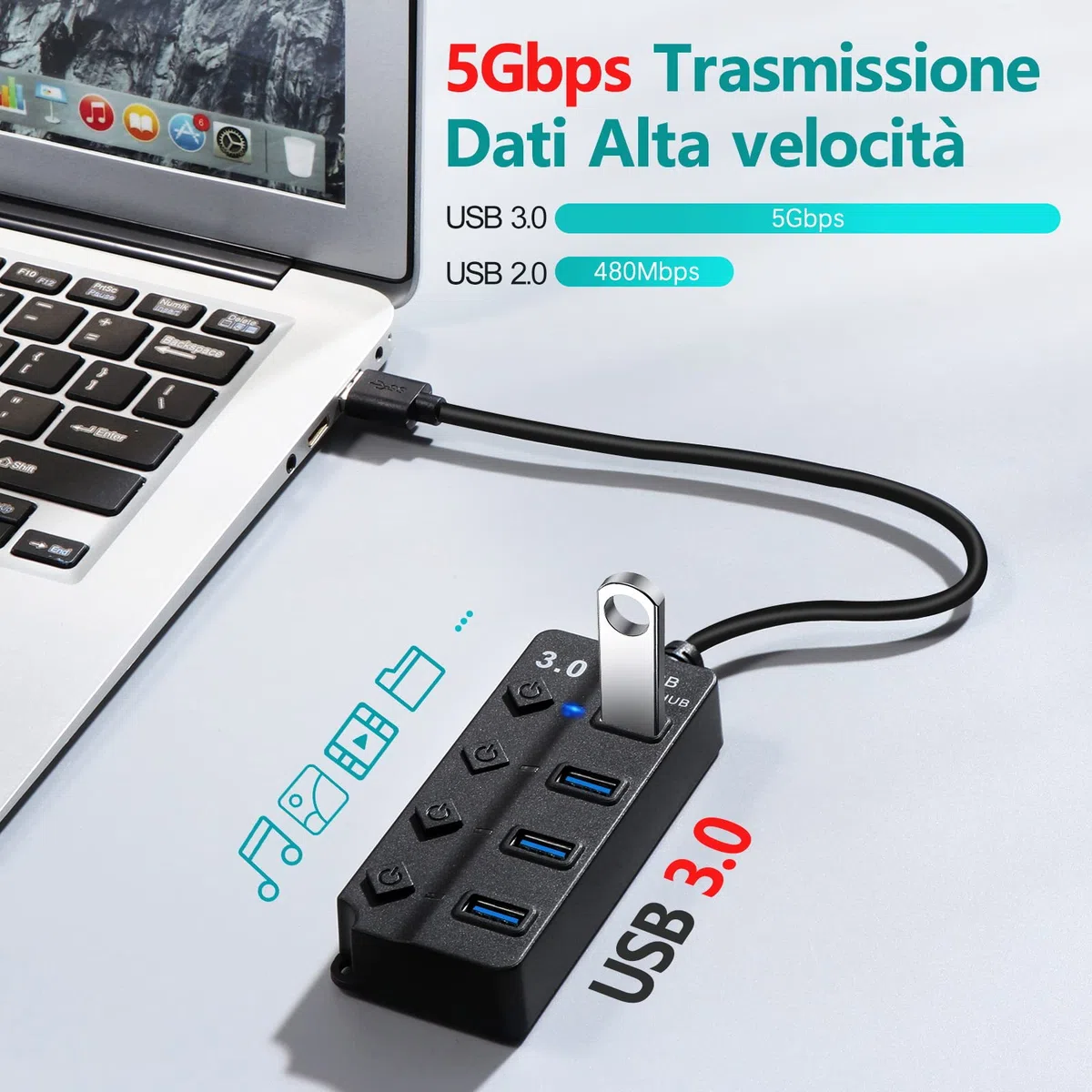 Hoppac Hub USB 3.0 i 2.0, 1 Port USB 3.0 i 3 Porte USB 2.0, Adapator z Lampką LED