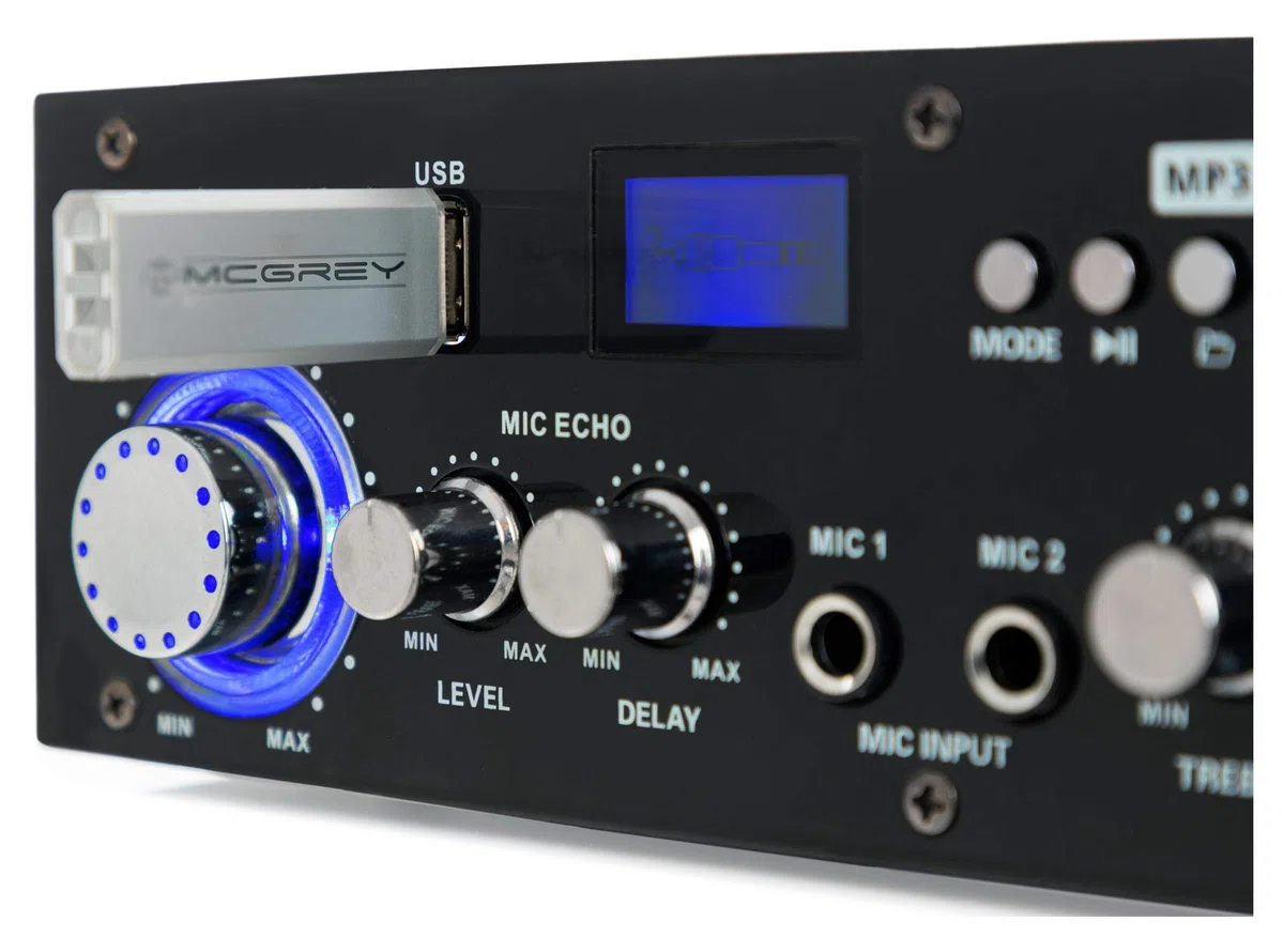 McGrey Wzmacniacz Bluetooth PA-350BT 200 W z USB/MP3, 2 wejścia mikrofonowe, wejście Cinch, idealny na imprezy, karaoke i piwnicę.