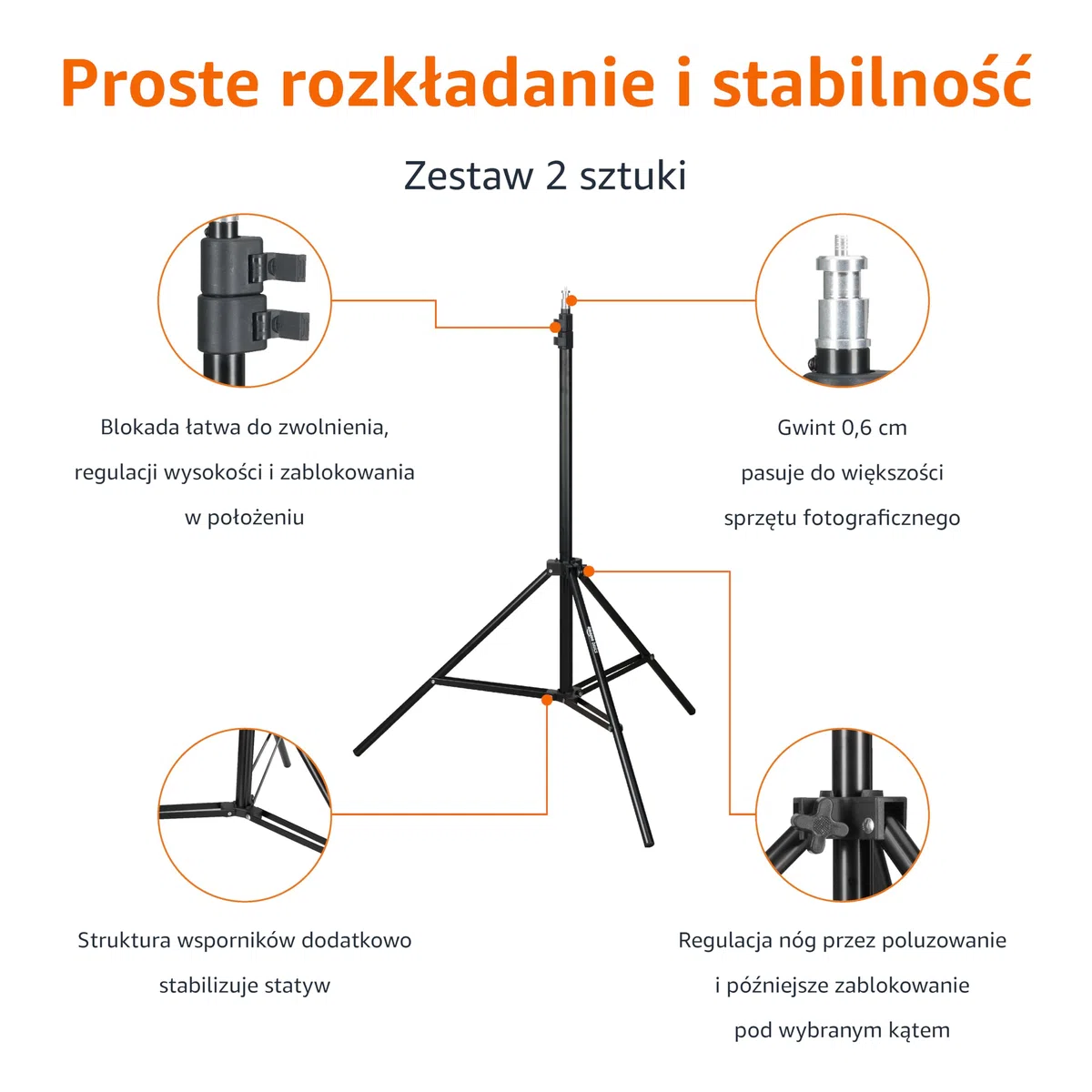 Amazon Basics Lekki, aluminiowy statyw do aparatu z pokrowcem, 2 sztuki, 85-204 cm, 821 g, czarny