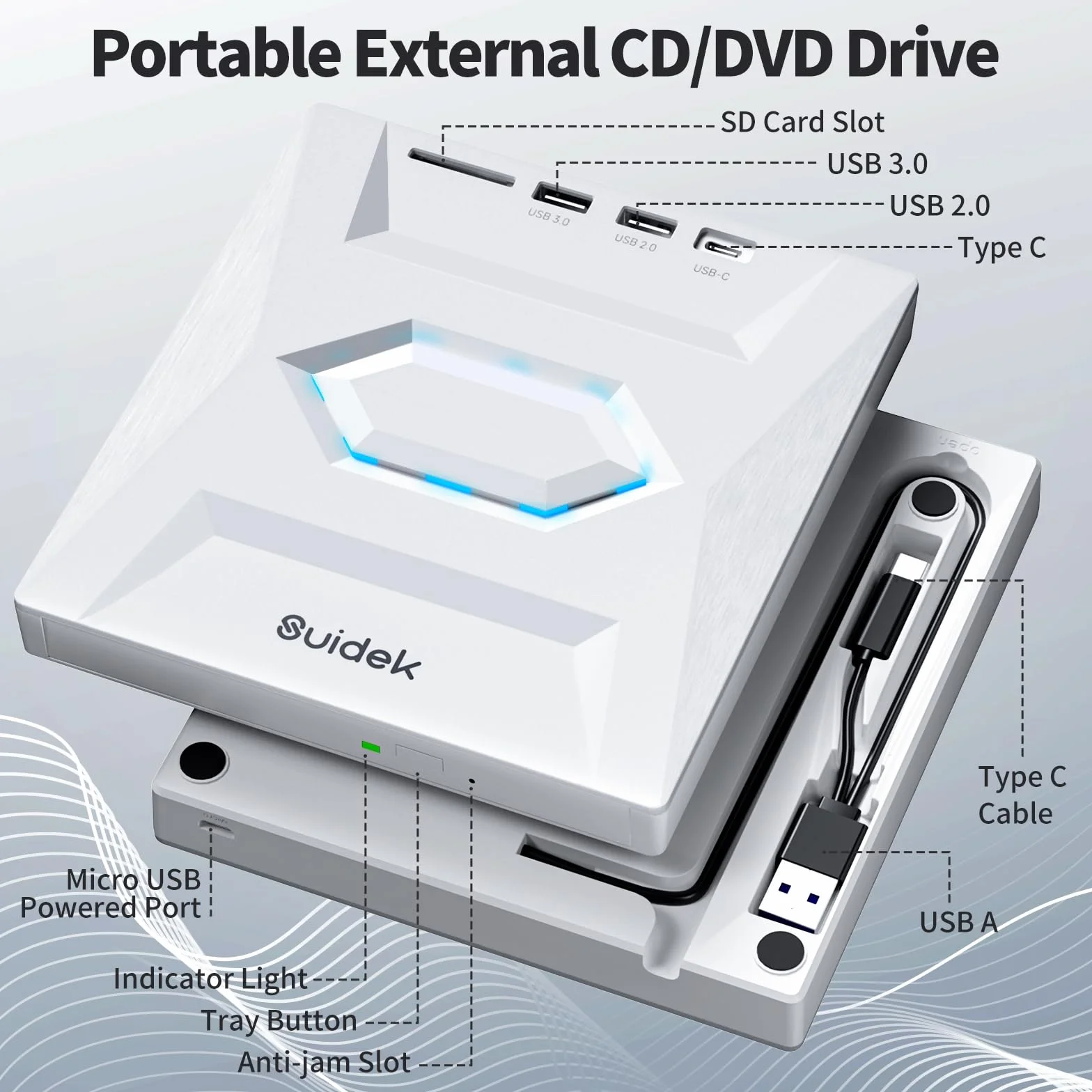 SUIDEK Zewnętrzny napęd CD DVD do laptopa, 5 w 1, ultra cienki, przenośny, USB-C CD+/-RW, odtwarzacz DVD do laptopa z czytnikiem kart SD, koncentrator USB 3.0 typu C, do komputerów stacjonarnych