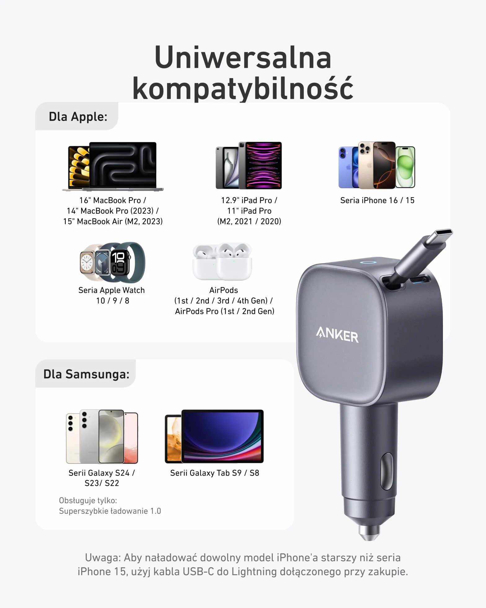Anker Ładowarka samochodowa USB-C 75W z wbudowanym zwijanym kablem