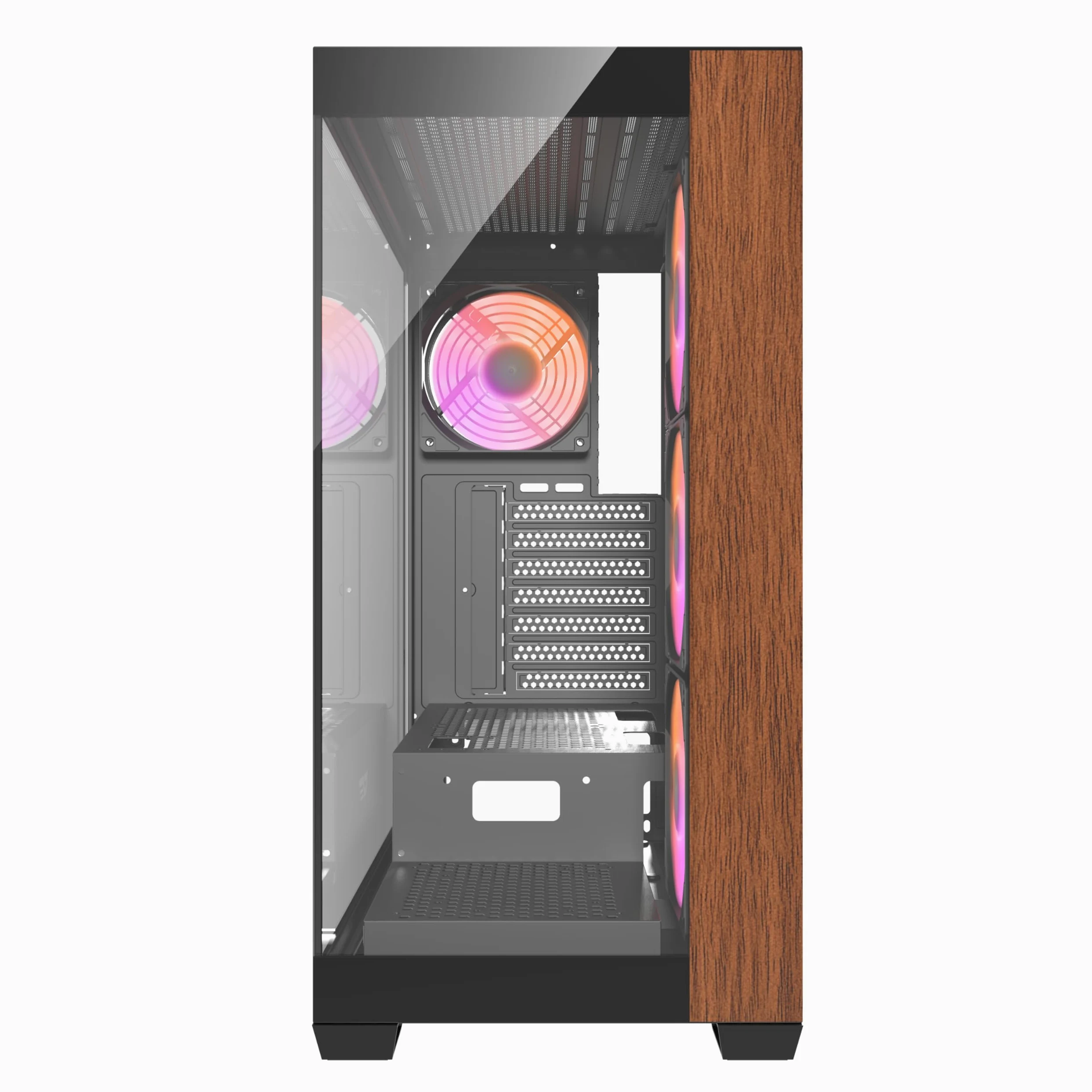 DarkFlash DS900W, PC do gier ATX, panel boczny i przedni ze szkła hartowanego, 4 wentylatory ARGB, drewniany design, USB-C