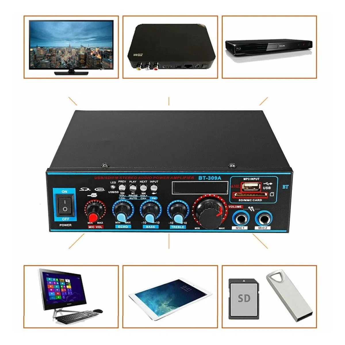 Wzmacniacz, 12V 800W wzmacniacz 5.0 do głośników 2.0 kanałowy samochodowy sprzęt audio wzmacniacz basowy odtwarzacz muzyczny HIFI AUX FM SD z pilotem