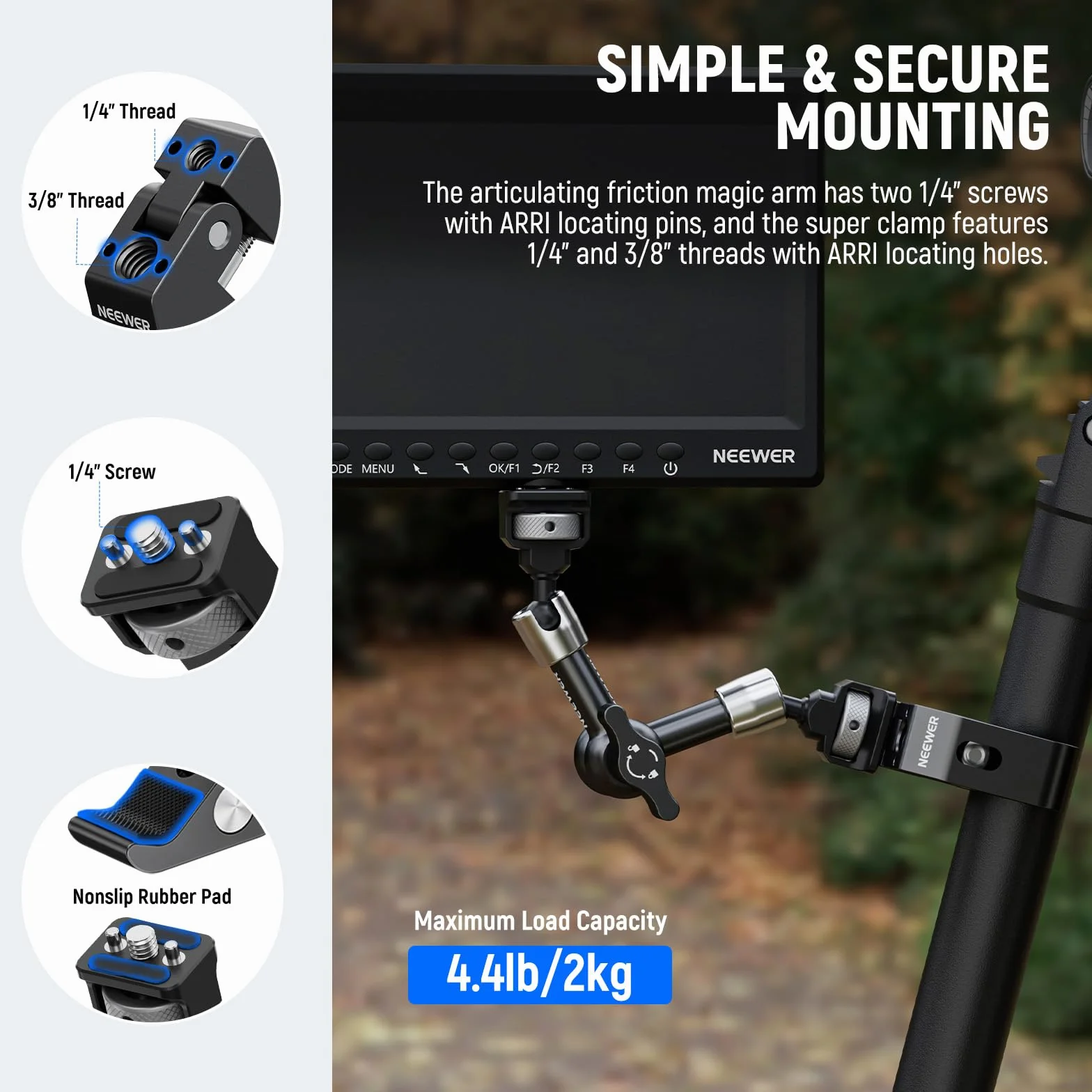 NEEWER 17.8 cm przegubowy magiczny uchwyt zaciskowy z super zaciskiem, uchwyt na monitor kamery z pinami i otworami 1/10.2 cm 3/20.3 cm ARRI do lustrzanek cyfrowych, lampa wideo kompatybilna z klatką