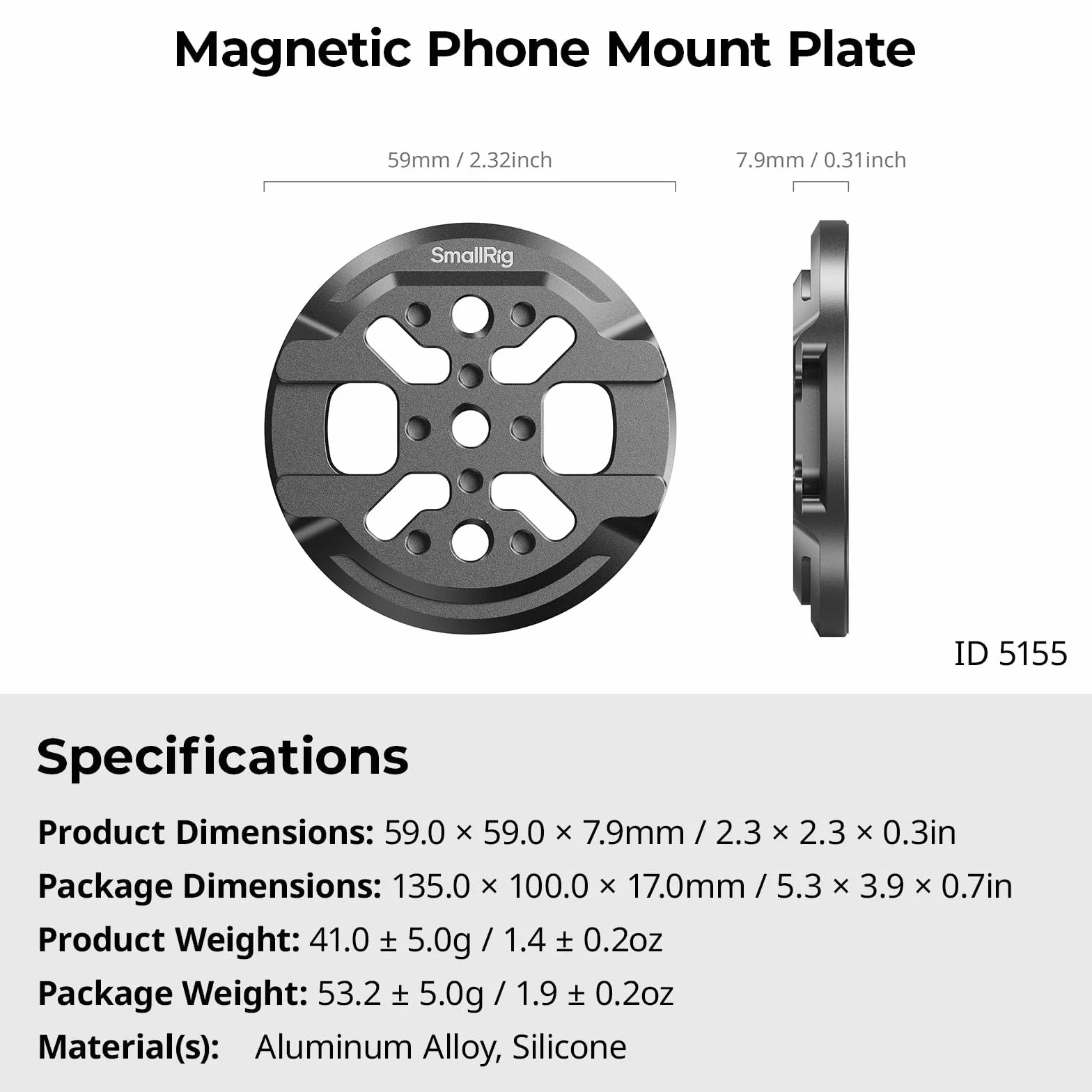 SmallRig Magnetic Phone Mount Plate do iPhone'a, Mocowanie na Zimną Stopkę, Otwór Gwintowany 1/4"-20, do DJI Mic 2, Kije do Selfie z Głowicą Kulową
