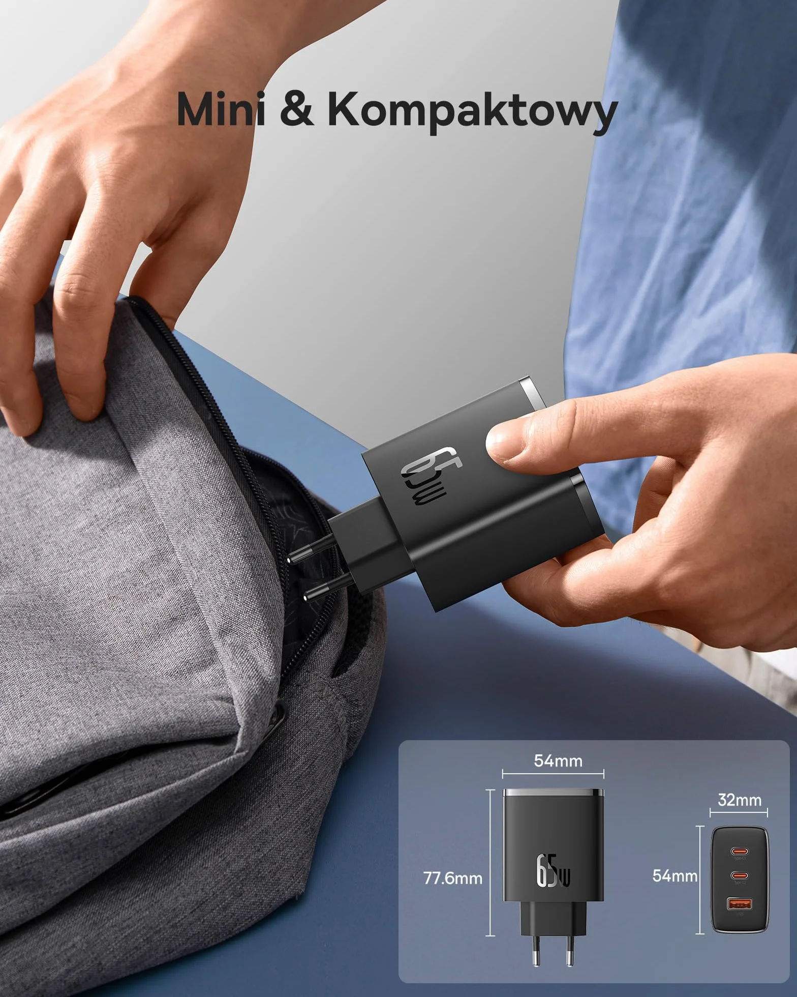 Baseus Ładowarka USB C, 65 W, zasilacz USB C, 3-portowy ładowarka PD, ładowarka z PPS, GaN szybka ładowarka kompatybilna z MacBook Pro/Air, iPhone 15/14/13/12, iPad Pro, Galaxy S23 Ultra, S23+, S23,