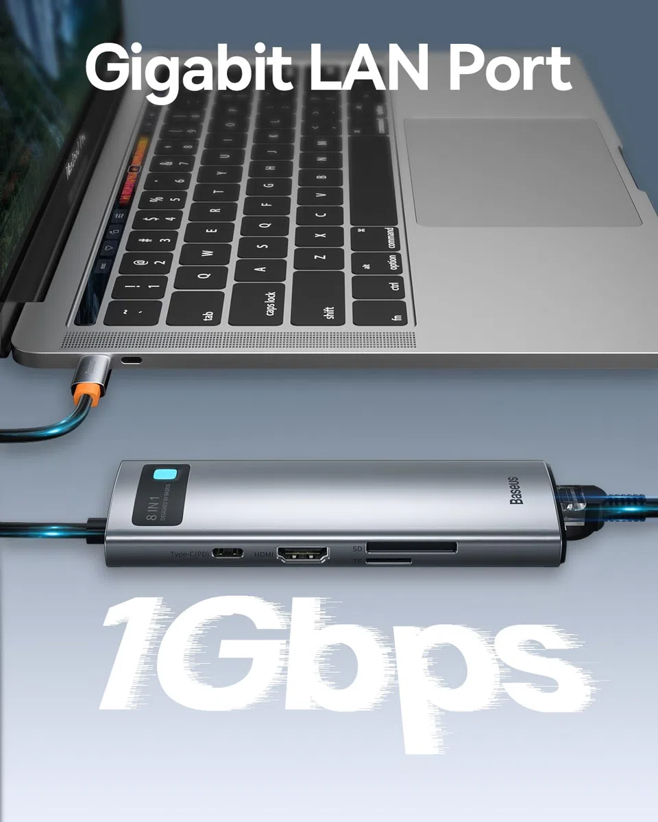 Baseus Adapter 8 w 1 USB C z HDMI 4K, Gigabit Ethernet, 100 W PD, 3 USB A 3.0, czytnik kart SD/TF, stacja dokująca USB do laptopów MacBook Pro/Air, Surface Pro, iPad Pro, Dell, Steam Deck itp