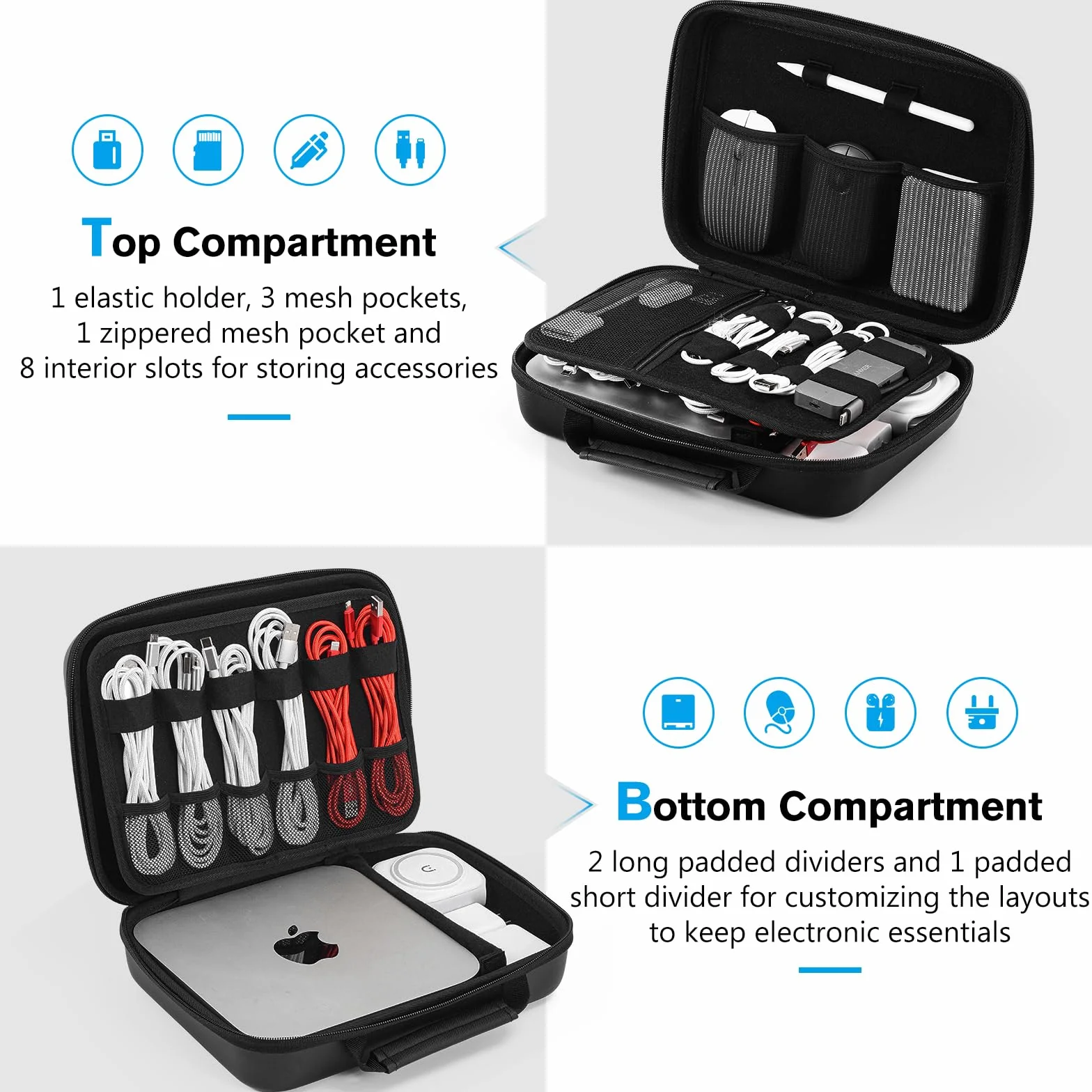ProCase Organizer na akcesoria elektroniczne, torba podróżna, przenośna, elektroniczna torba na kabel do MacBooka Power Adapter, kabel, Apple Pencil, mysz, pamięć USB, powerbank, karta SD, Xl-czarny
